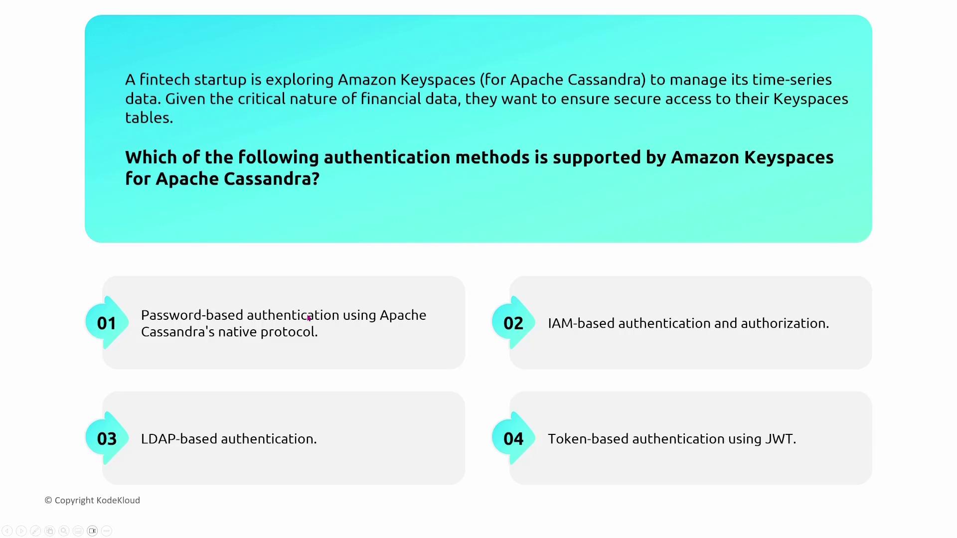 The image presents a question about authentication methods supported by Amazon Keyspaces for Apache Cassandra, with four options listed: password-based, IAM-based, LDAP-based, and token-based authentication.