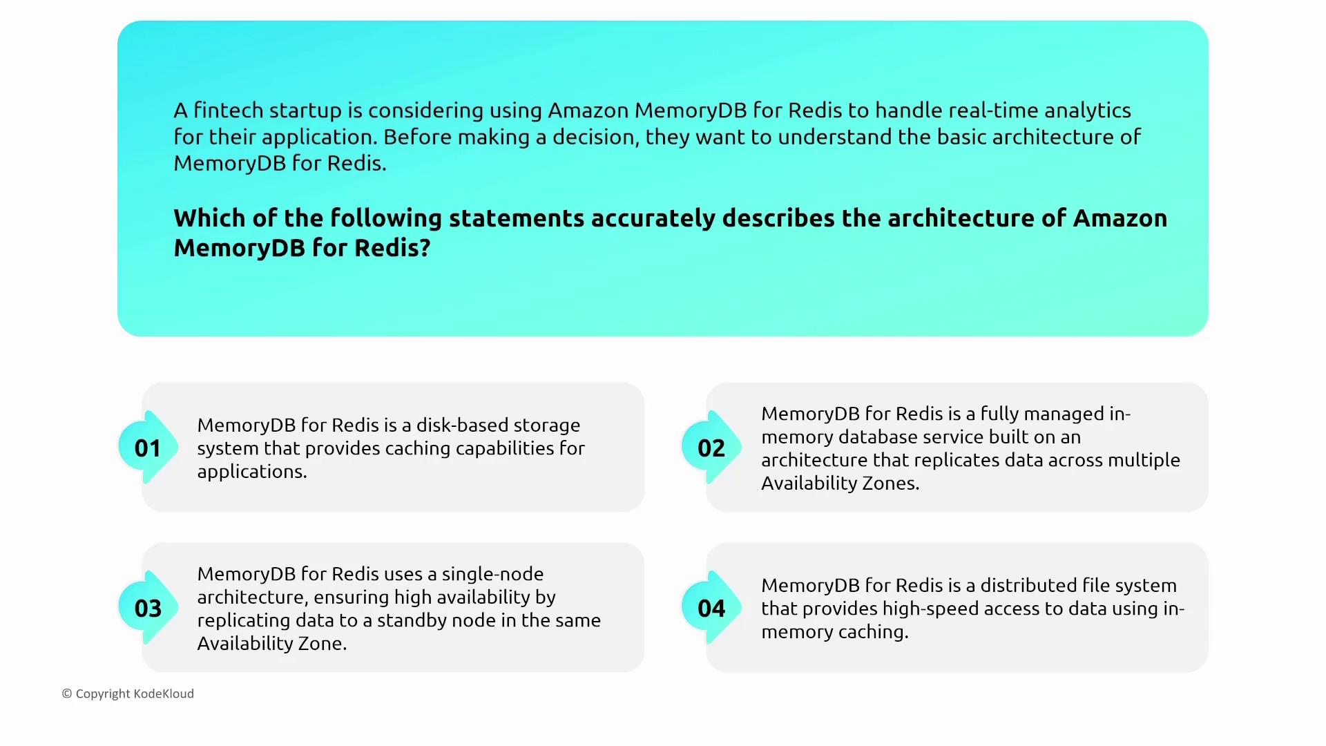 The image presents a question about the architecture of Amazon MemoryDB for Redis, with four possible statements describing its features.