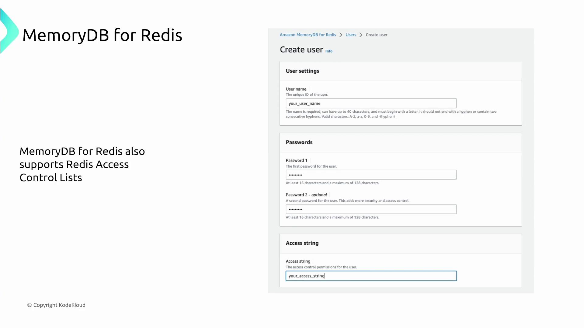 The image shows a user interface for creating a user in Amazon MemoryDB for Redis, including fields for user settings, passwords, and access strings. It also mentions that MemoryDB for Redis supports Redis Access Control Lists.
