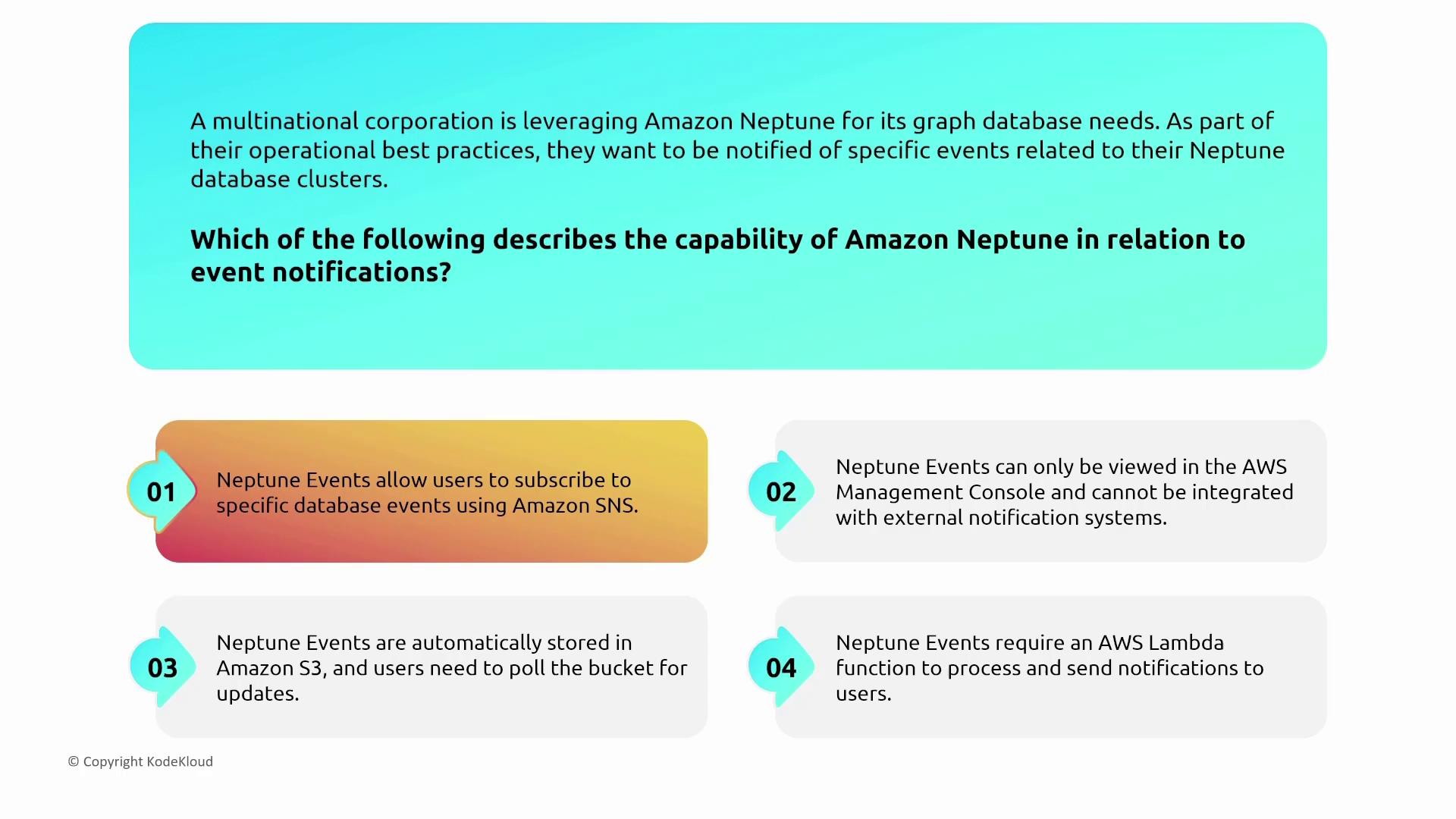The image presents a question about Amazon Neptune's event notification capabilities, listing four options describing the features.