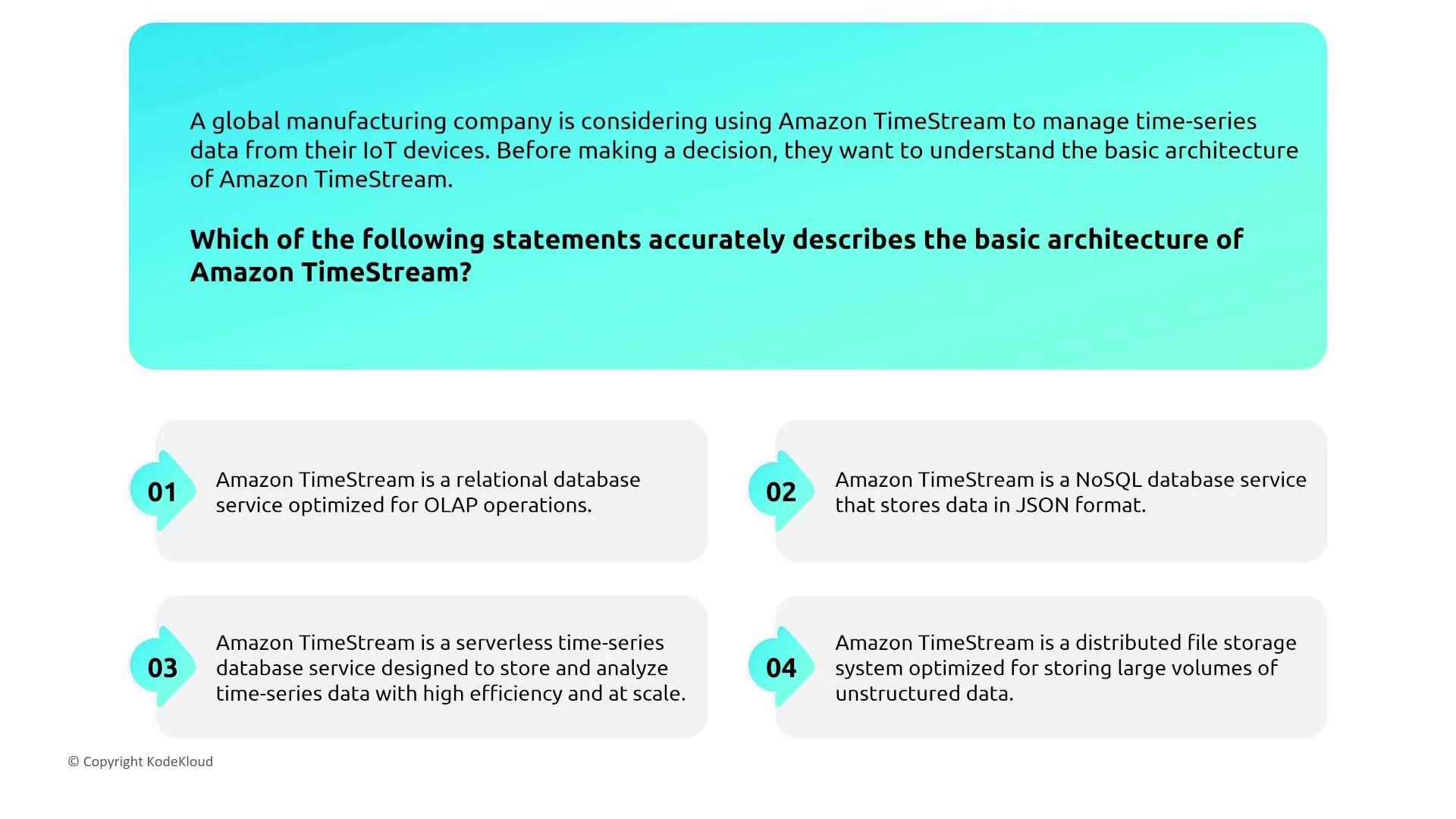 The image presents a question about the basic architecture of Amazon TimeStream, with four options describing different database characteristics.