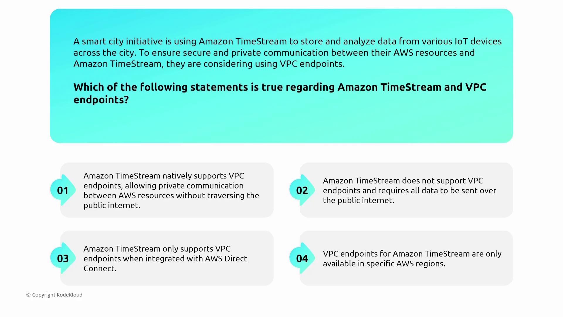The image presents a question about Amazon TimeStream and VPC endpoints, offering four statements to determine which is true. It is related to a smart city initiative using Amazon TimeStream for IoT data.