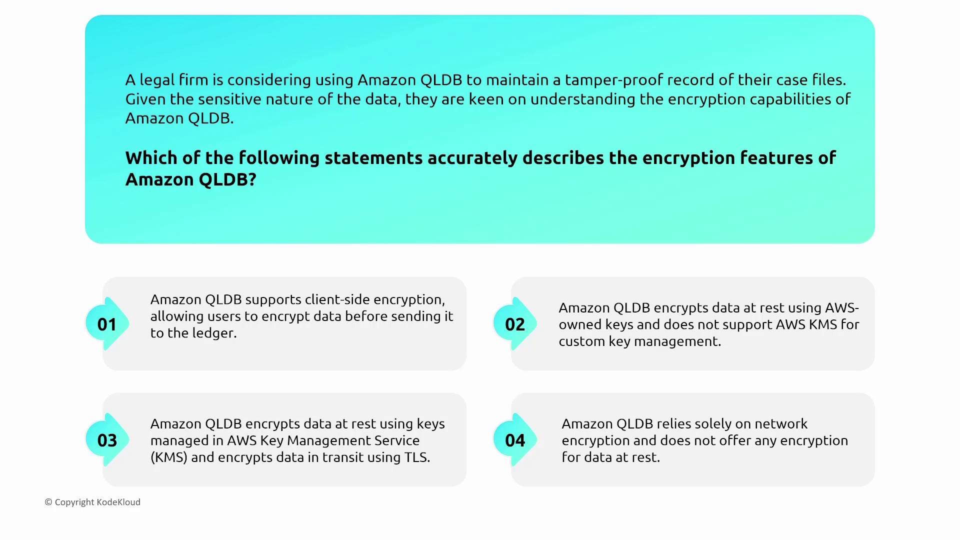 The image presents a scenario about a legal firm considering Amazon QLDB for tamper-proof records, with four statements describing its encryption features.