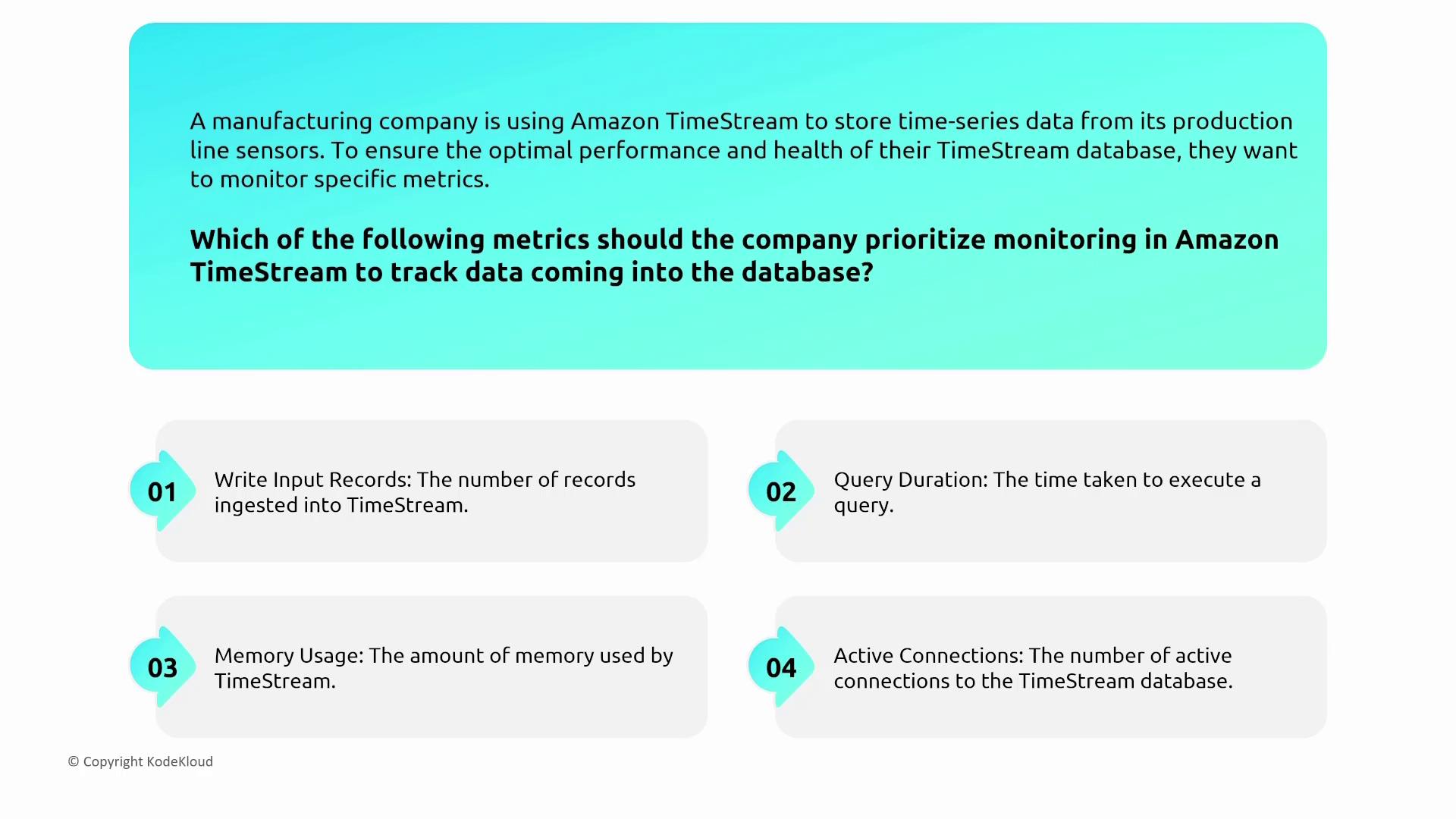 The image presents a question about which metrics a manufacturing company should prioritize for monitoring data in Amazon TimeStream, with options including write input records, query duration, memory usage, and active connections.