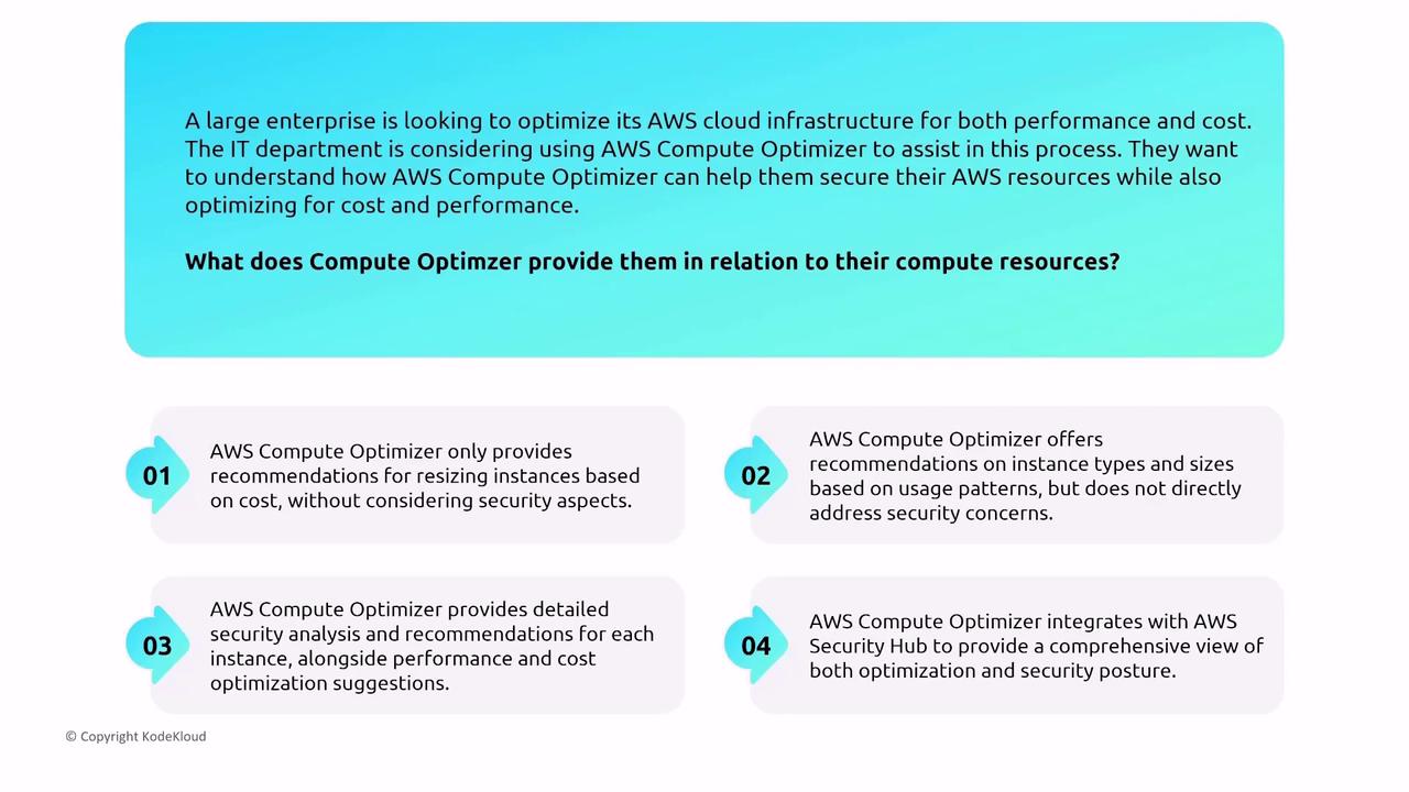The image describes how AWS Compute Optimizer can help a large enterprise optimize its cloud infrastructure for cost and performance, with four options detailing different aspects of its functionality.