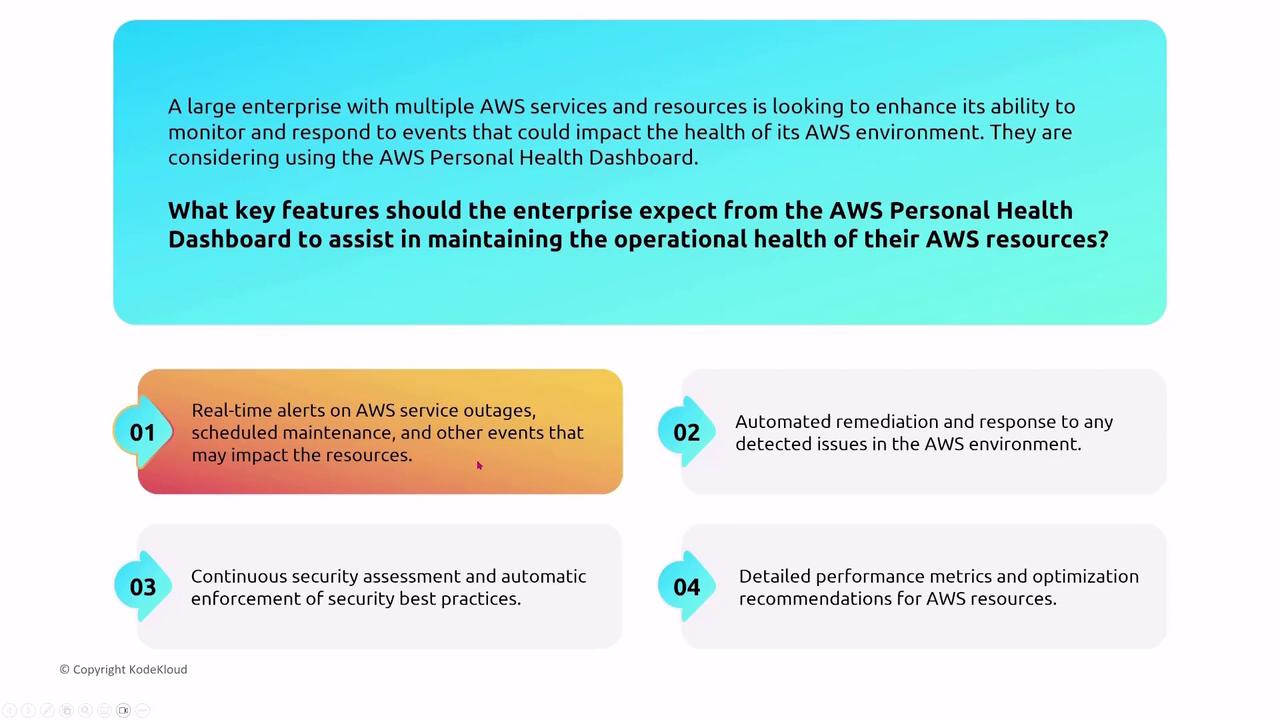 The image outlines key features of the AWS Personal Health Dashboard, including real-time alerts, automated remediation, continuous security assessment, and detailed performance metrics for maintaining AWS resources.