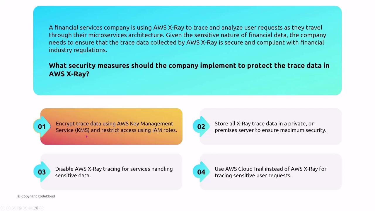 The image outlines security measures for a financial services company using AWS X-Ray, suggesting encryption with AWS KMS, storing data on private servers, disabling tracing for sensitive data, and using AWS CloudTrail for sensitive requests.