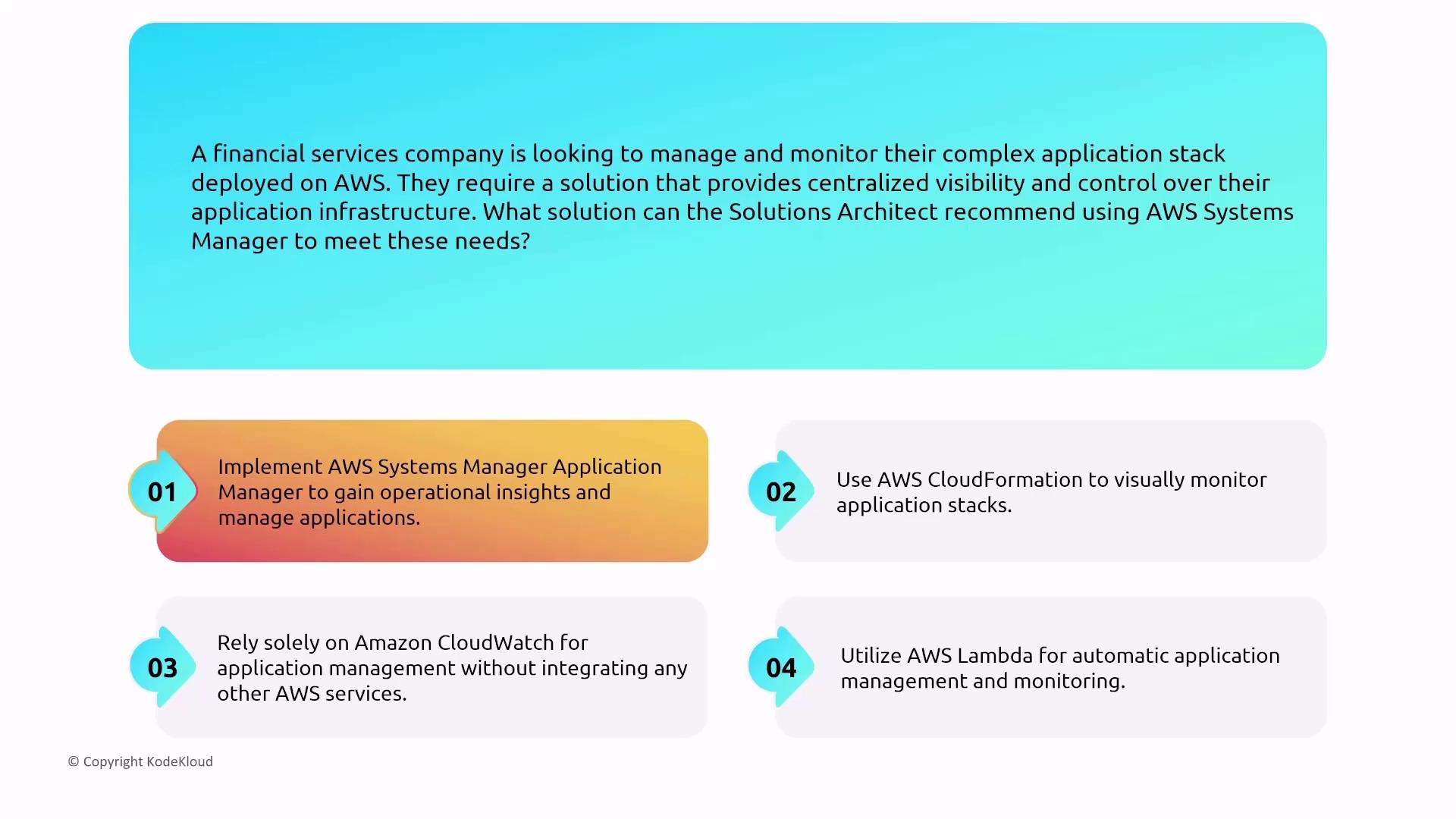 The image presents a scenario where a financial services company needs a solution for managing and monitoring their AWS application stack, with four options provided for the Solutions Architect to consider.