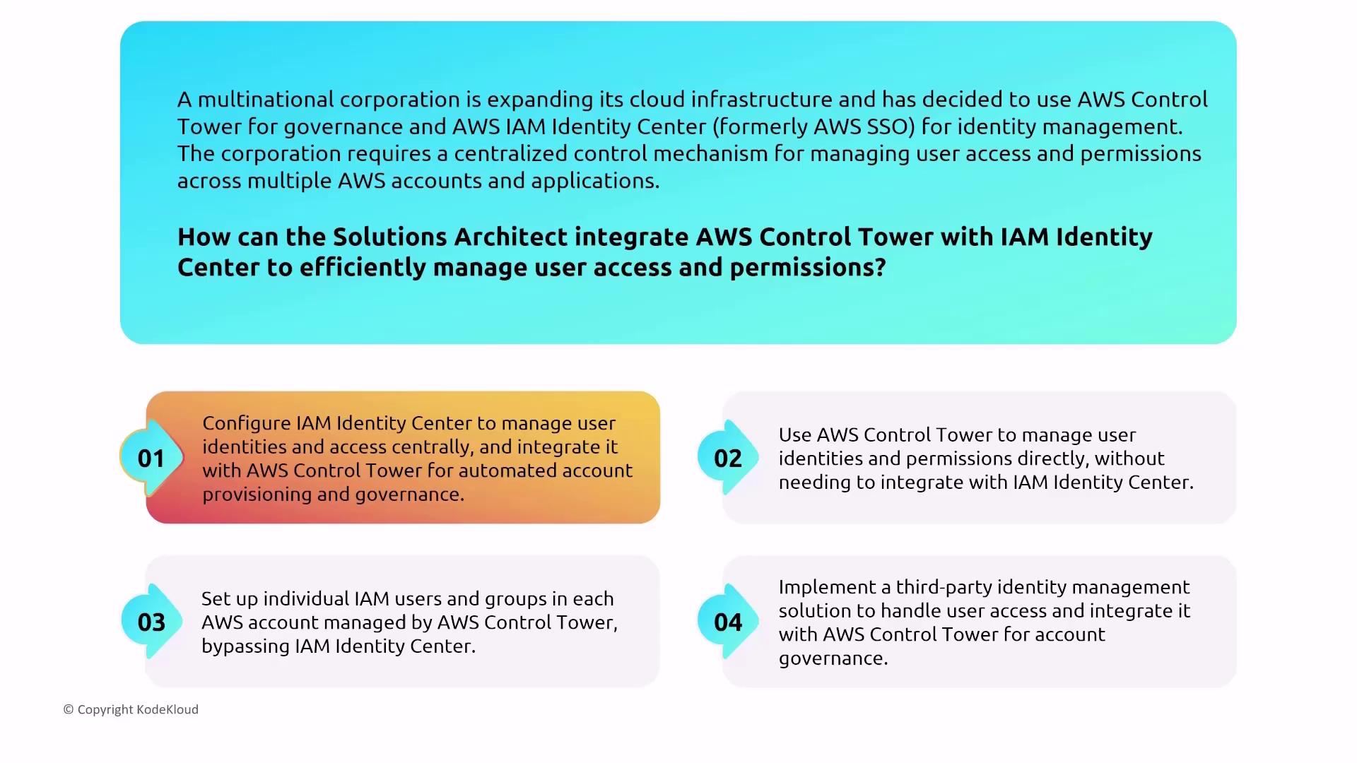 The image presents a scenario where a multinational corporation is integrating AWS Control Tower with IAM Identity Center for user access management, offering four potential solutions for efficient management.