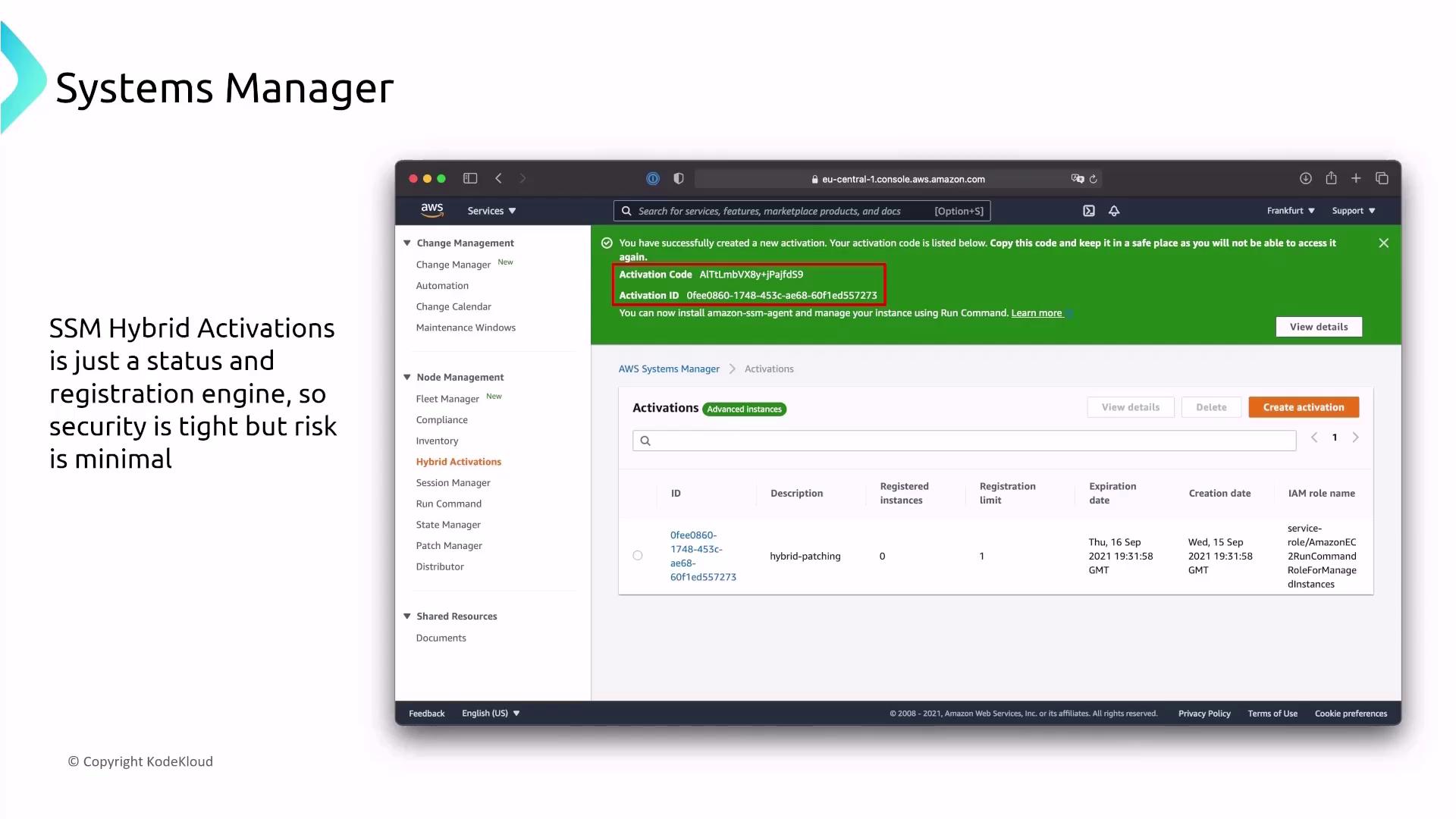The image shows an AWS Systems Manager interface with details about SSM Hybrid Activations, including an activation code and ID. It highlights that SSM Hybrid Activations is a status and registration engine with minimal risk.
