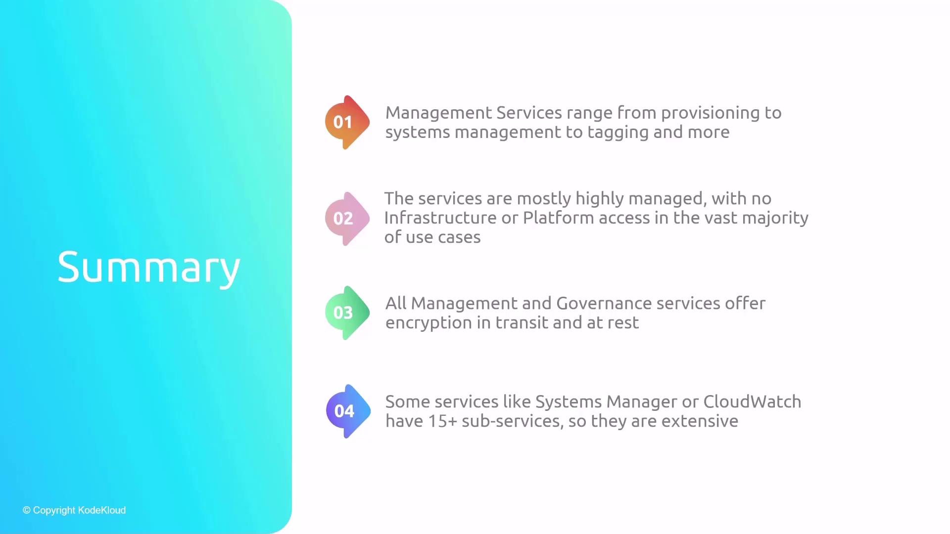 The image is a summary slide listing four key points about management services, including their range, management level, encryption features, and extensiveness. The slide has a gradient blue background on the left and numbered points on the right.