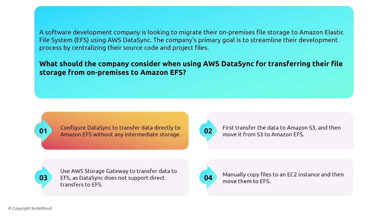 The image provides guidance on using AWS DataSync to transfer file storage from on-premises to Amazon EFS, listing four considerations or methods for the process.