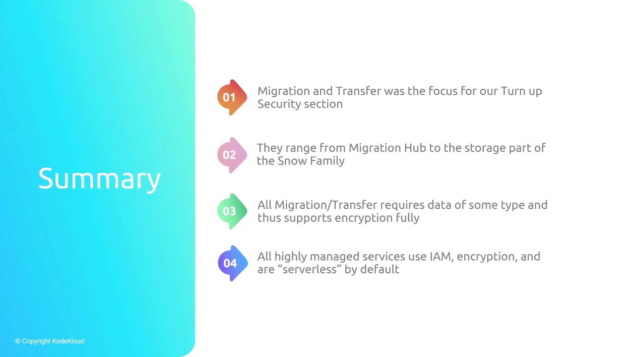 The image is a summary slide with four key points about migration and transfer, focusing on security, encryption, and serverless services. It features a gradient background and numbered bullet points.