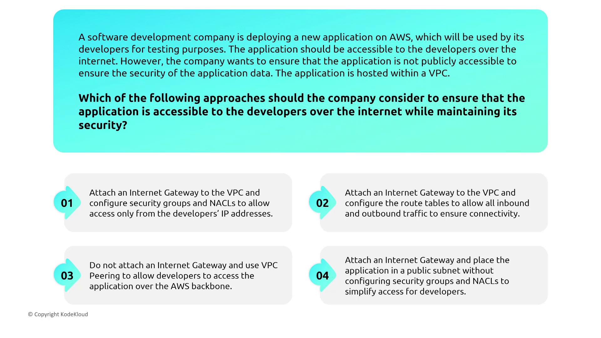 The image presents a scenario where a software development company is deploying an application on AWS, requiring secure internet access for developers. It lists four approaches to ensure the application is accessible while maintaining security.