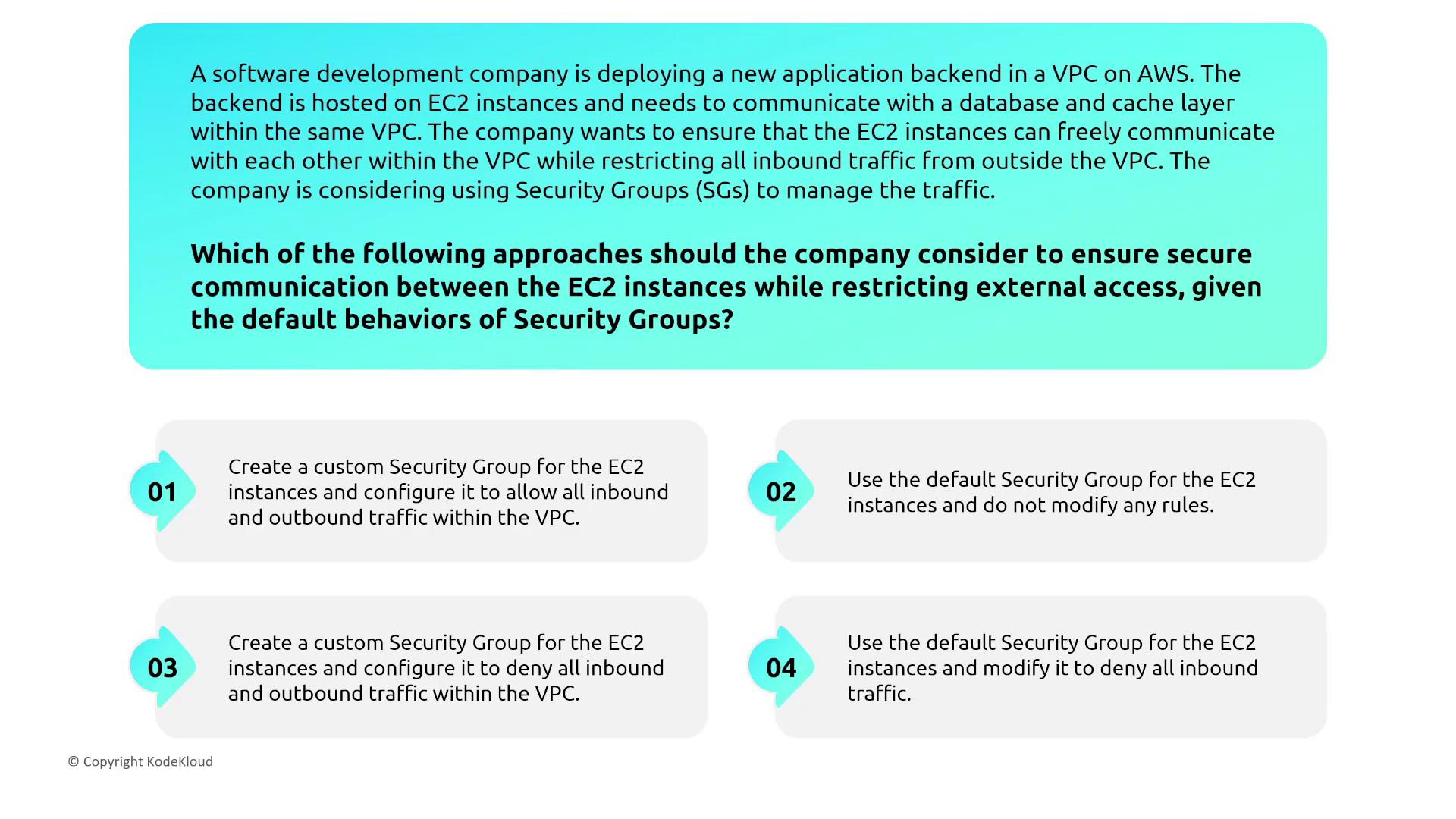 The image presents a scenario where a company is deploying an application backend on AWS EC2 instances within a VPC and needs to ensure secure communication between instances while restricting external access. It lists four approaches involving Security Groups to achieve this.