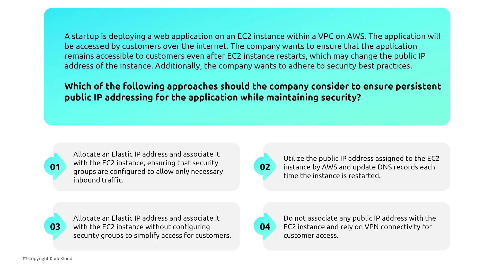 The image presents a scenario where a startup is deploying a web application on an AWS EC2 instance and needs to ensure persistent public IP addressing while maintaining security. It lists four approaches to address this requirement.