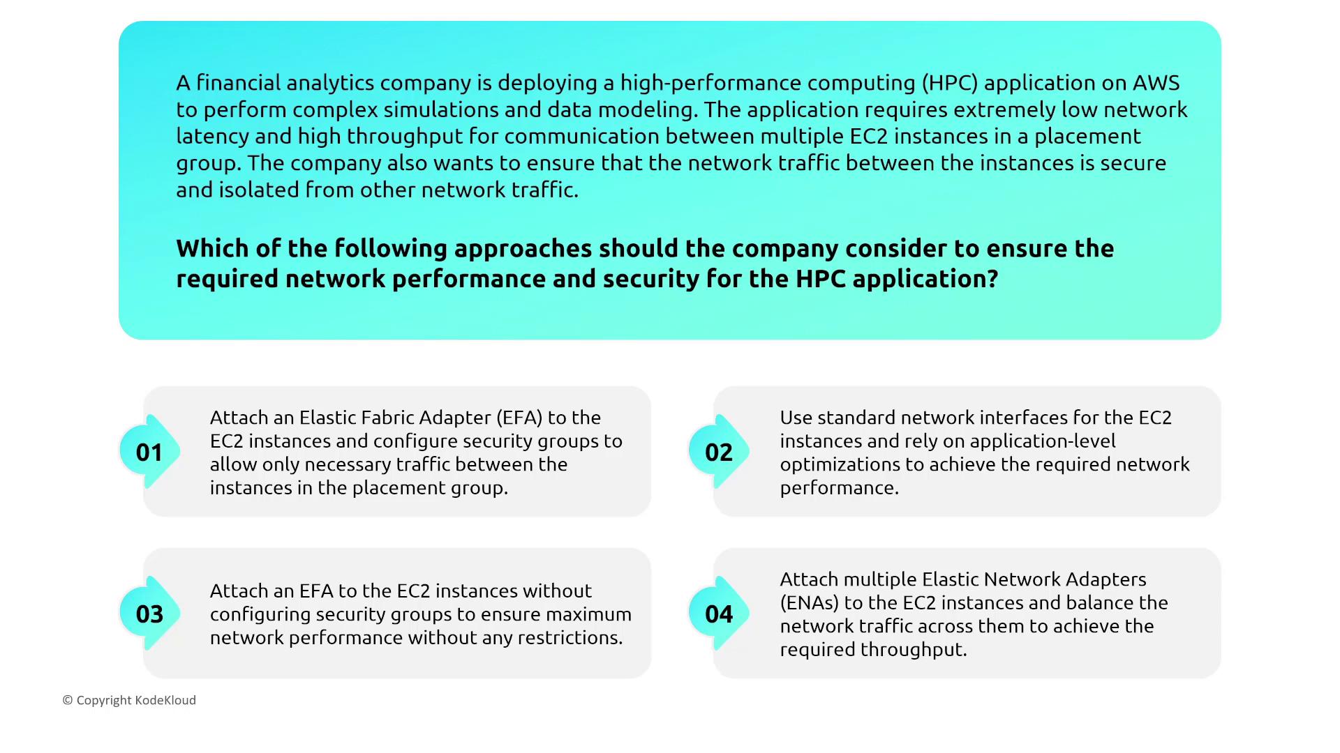 The image presents a scenario where a financial analytics company is deploying a high-performance computing application on AWS, requiring low latency and secure network traffic. It lists four approaches to ensure network performance and security for the application.