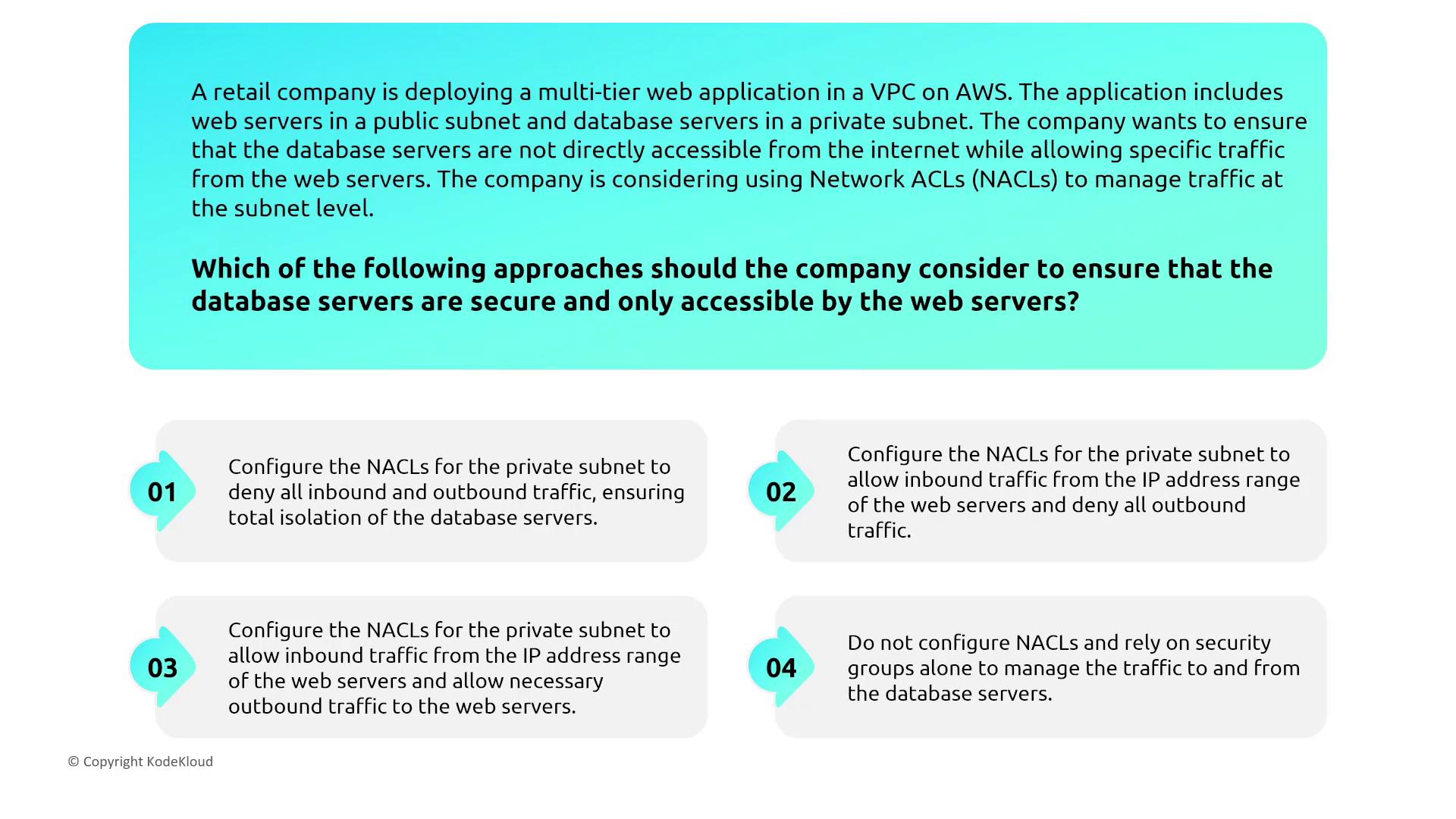 The image presents a scenario where a retail company is deploying a multi-tier web application on AWS, with options for configuring Network ACLs to secure database servers. It lists four approaches to ensure the database servers are secure and only accessible by the web servers.
