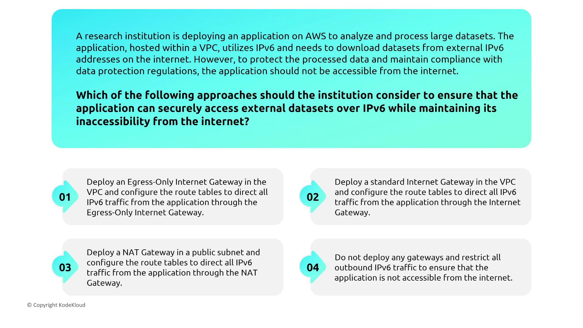 The image presents a scenario where a research institution needs to securely access external datasets over IPv6 on AWS while keeping the application inaccessible from the internet. It lists four approaches to achieve this, including deploying an Egress-Only Internet Gateway and configuring route tables.