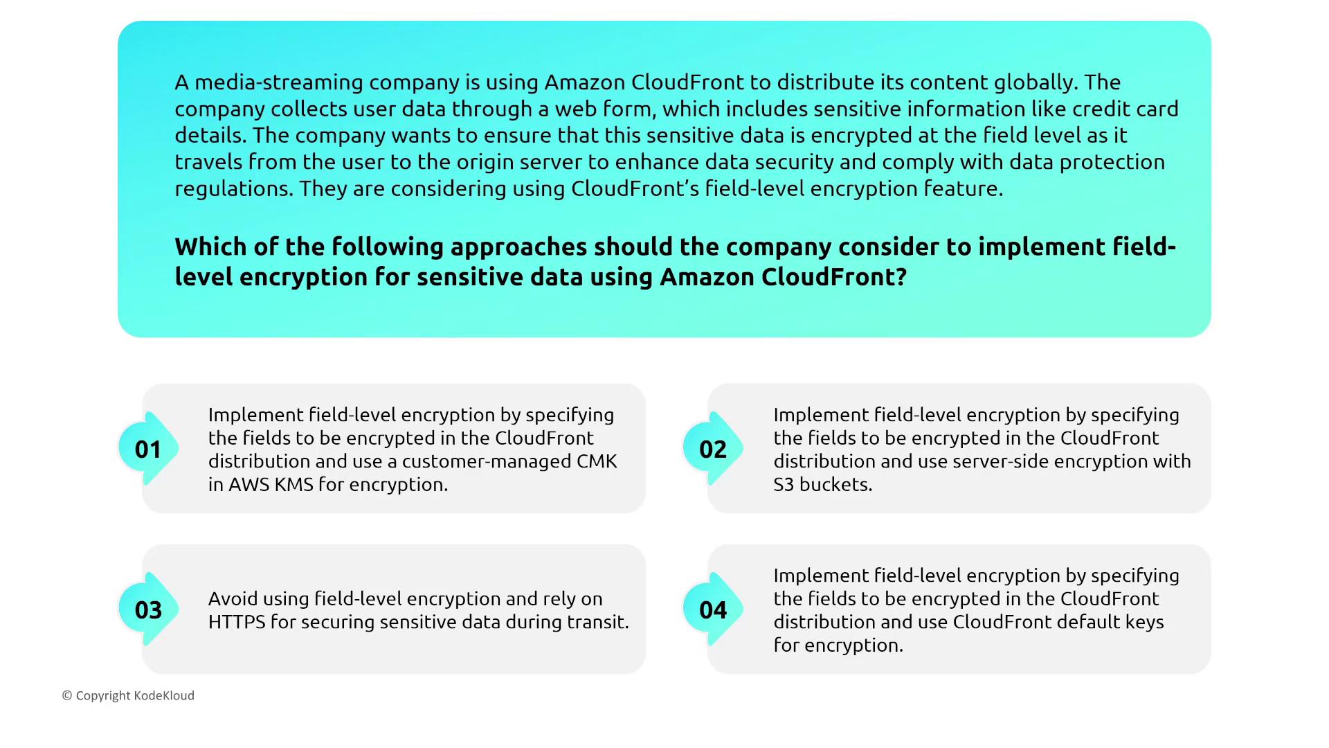 The image presents a scenario where a media-streaming company is considering using Amazon CloudFront's field-level encryption for sensitive data. It lists four approaches for implementing this encryption.