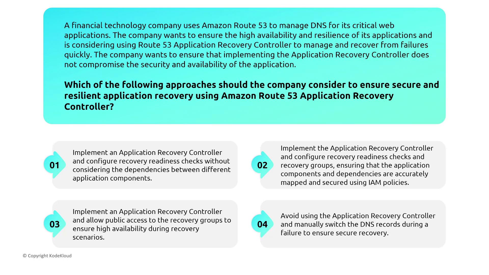 The image presents a scenario where a financial technology company is considering using Amazon Route 53 Application Recovery Controller for secure and resilient application recovery. It lists four approaches for implementing the controller, focusing on recovery readiness checks, security, and availability.