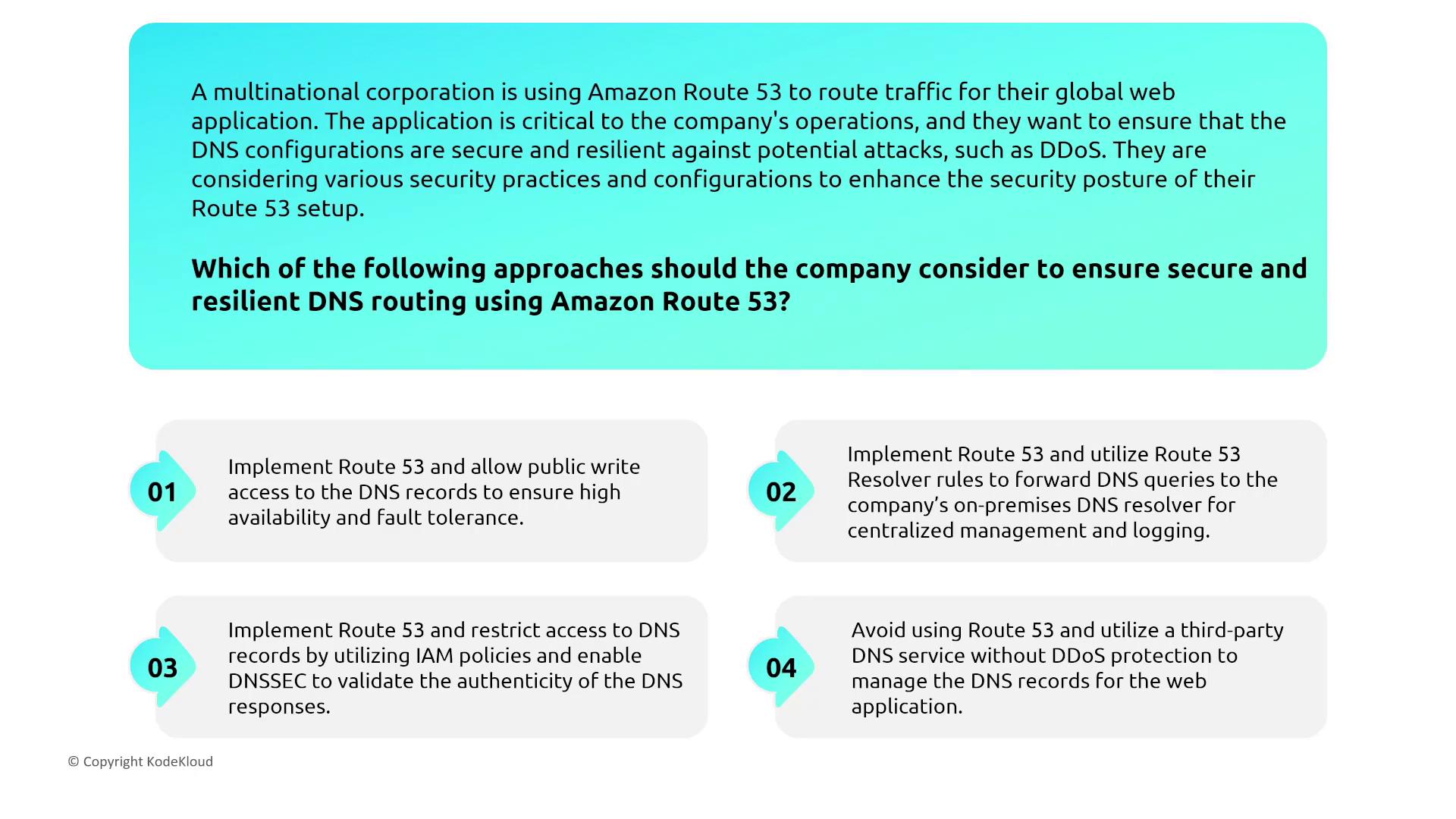 The image presents a scenario where a multinational corporation is using Amazon Route 53 for DNS routing and is considering security practices to enhance resilience against attacks. It lists four approaches for ensuring secure and resilient DNS routing.