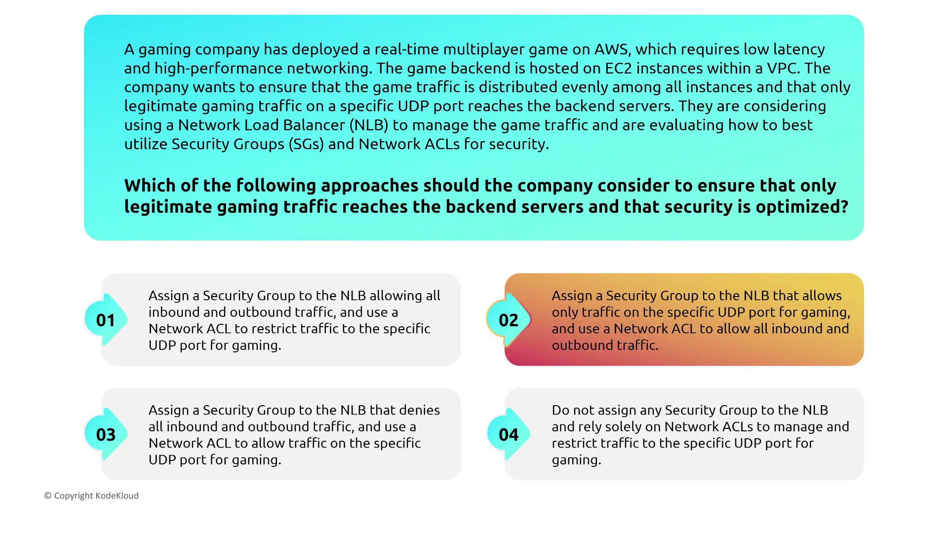 The image presents a scenario where a gaming company is using AWS for a multiplayer game and needs to ensure secure traffic management. It lists four approaches involving Security Groups and Network ACLs to optimize security and ensure legitimate gaming traffic reaches backend servers.