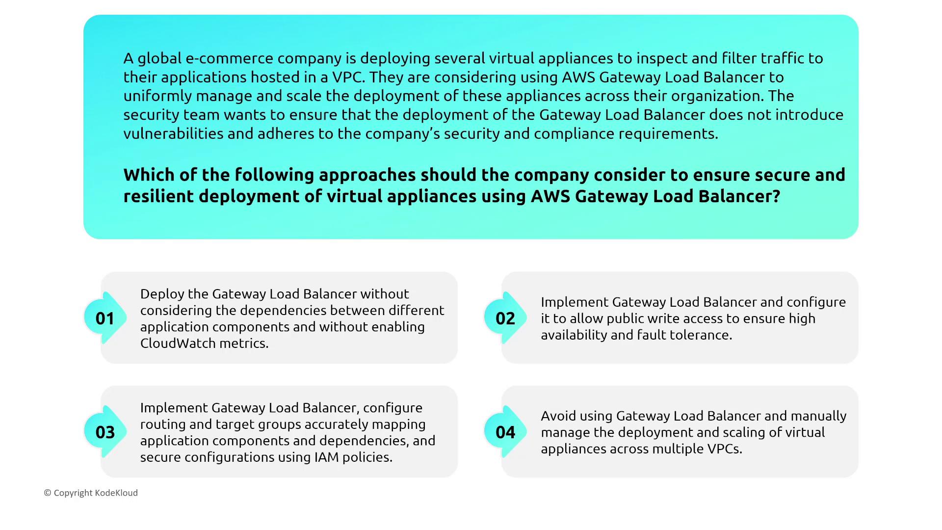 The image presents a scenario where a global e-commerce company is deploying virtual appliances using AWS Gateway Load Balancer, with four options for ensuring secure and resilient deployment. The options include considerations for dependencies, public access, accurate configuration, and manual management.