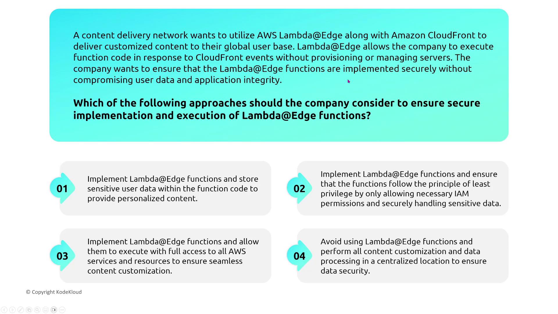 The image presents a scenario about a content delivery network using AWS Lambda@Edge and Amazon CloudFront, with four approaches to ensure secure implementation and execution of Lambda@Edge functions.