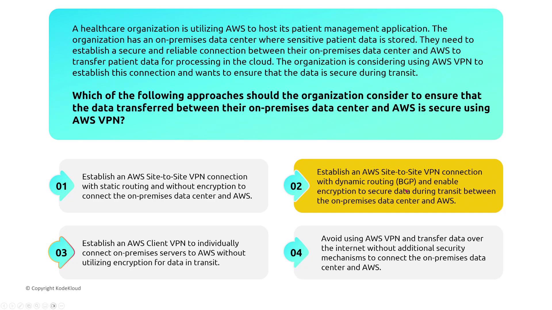 The image presents a scenario where a healthcare organization needs to securely transfer patient data between its on-premises data center and AWS using a VPN. It lists four approaches to establish this secure connection, focusing on encryption and routing methods.