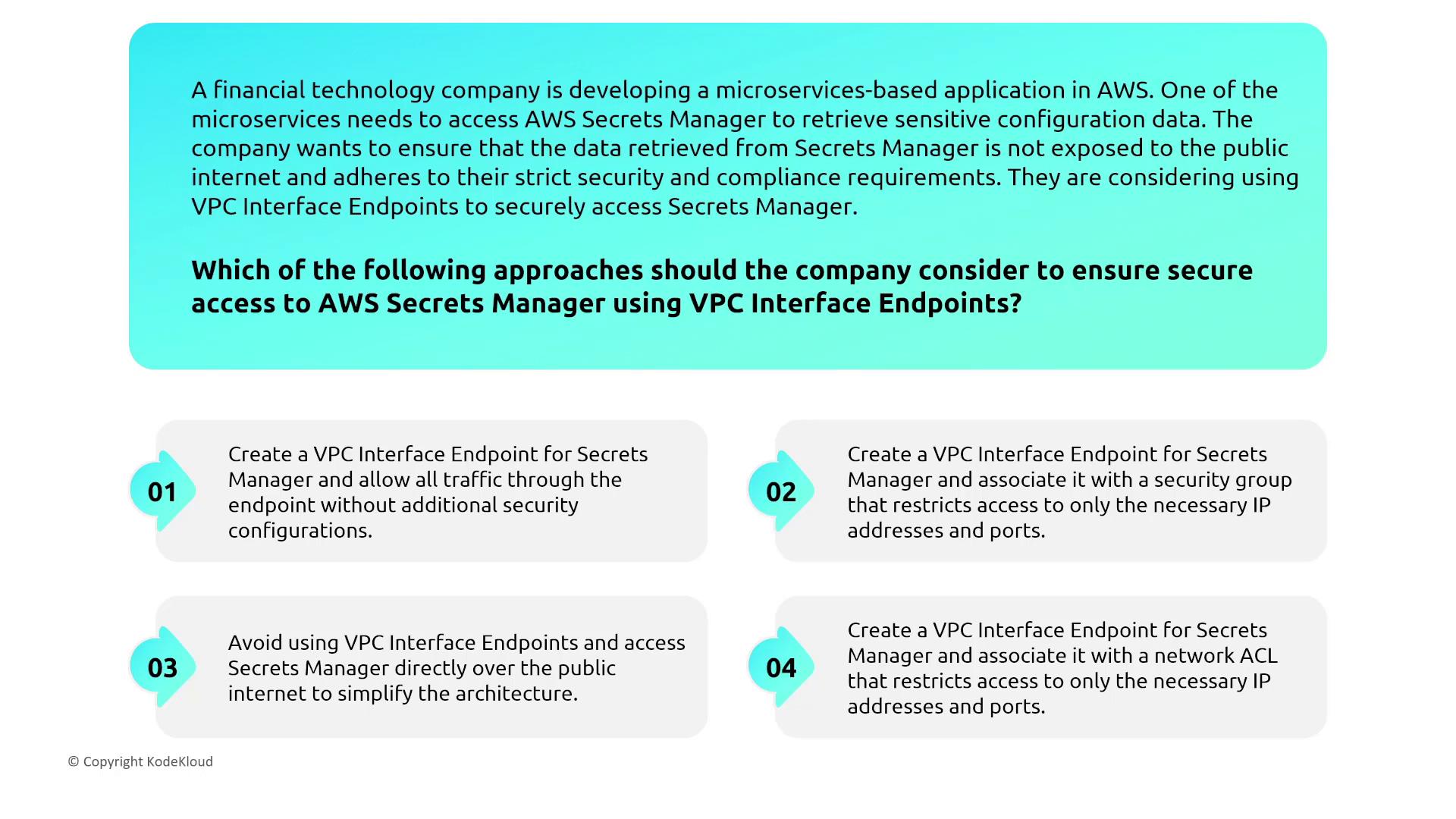 The image presents a scenario where a financial technology company is considering using VPC Interface Endpoints to securely access AWS Secrets Manager, with four different approaches listed for ensuring secure access.