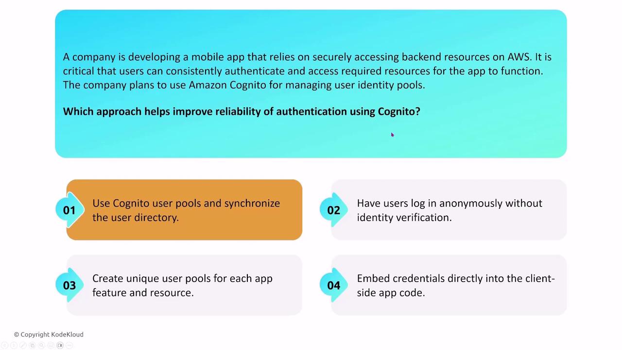 The image is a slide discussing approaches to improve authentication reliability using Amazon Cognito for a mobile app, with four options listed for consideration.