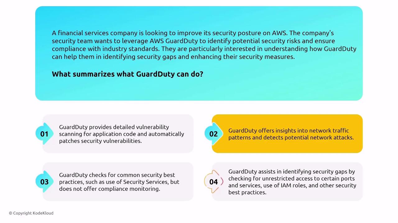 The image describes how AWS GuardDuty can help a financial services company improve its security by identifying potential security risks, offering insights into network traffic, and checking for security gaps and best practices.