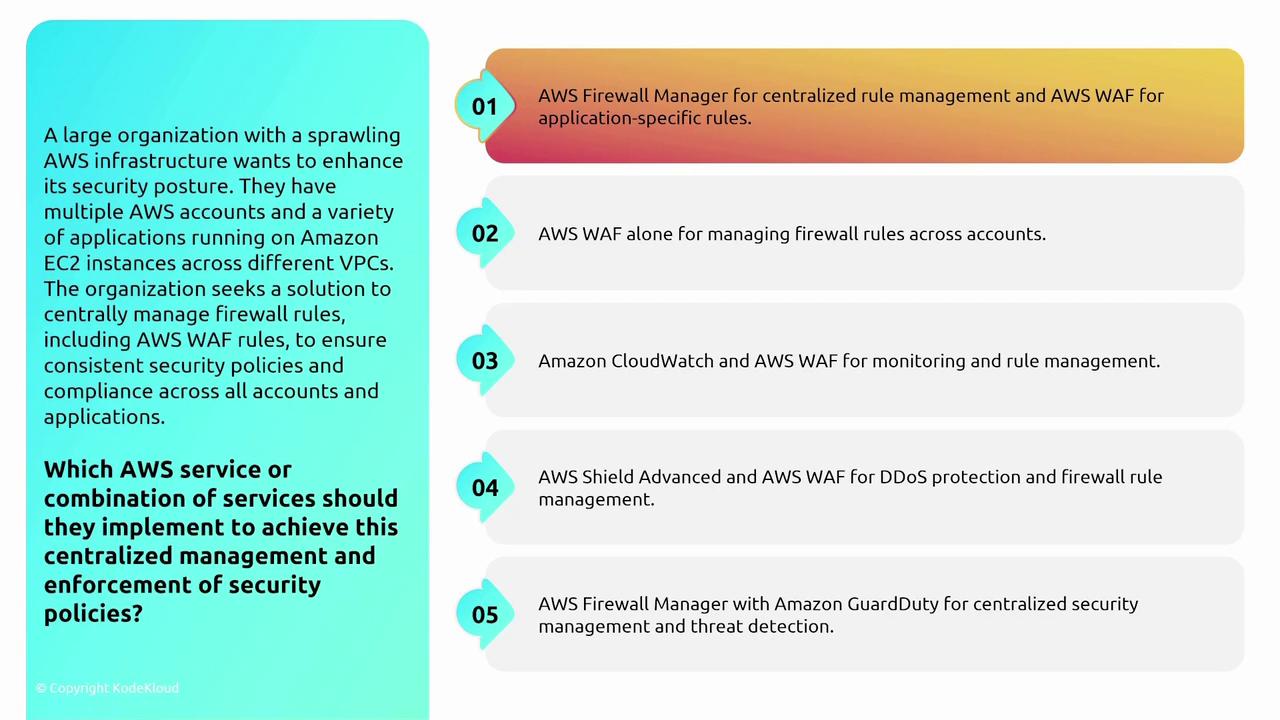 The image presents a scenario where a large organization seeks to enhance its AWS security by centrally managing firewall rules. It lists five AWS service combinations as potential solutions for achieving centralized management and enforcement of security policies.