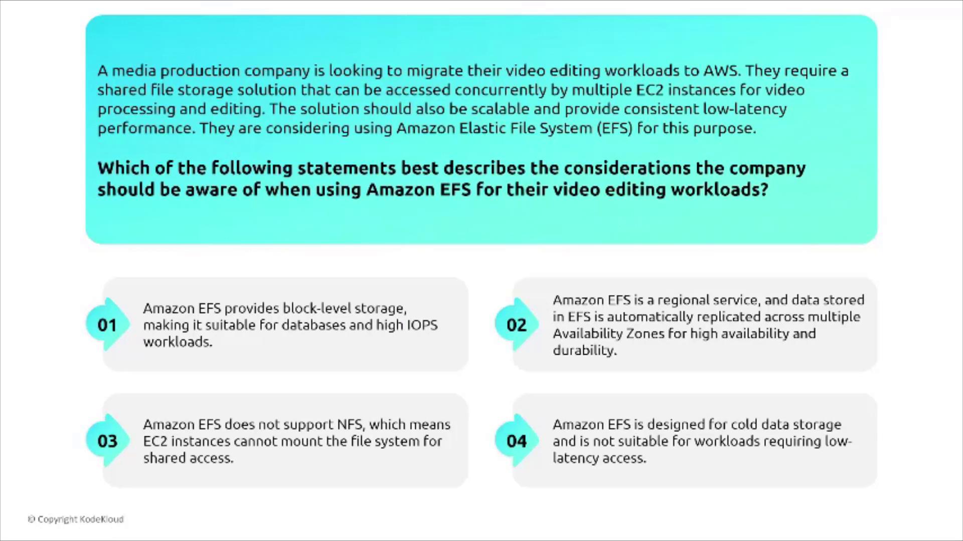 The image presents a scenario where a media production company is considering using Amazon EFS for video editing workloads, with four statements evaluating its suitability.