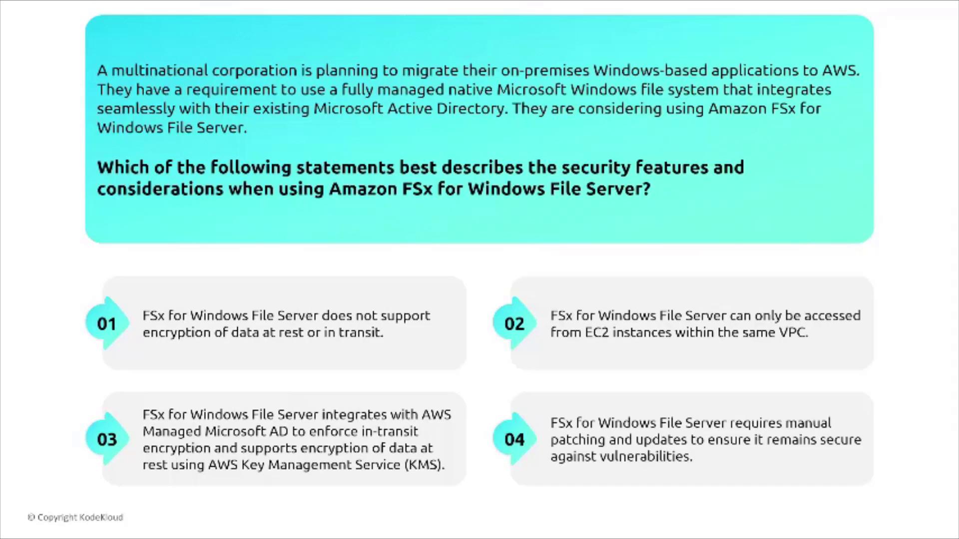 The image presents a scenario about a corporation migrating to AWS, considering Amazon FSx for Windows File Server, and lists four statements regarding its security features and considerations.