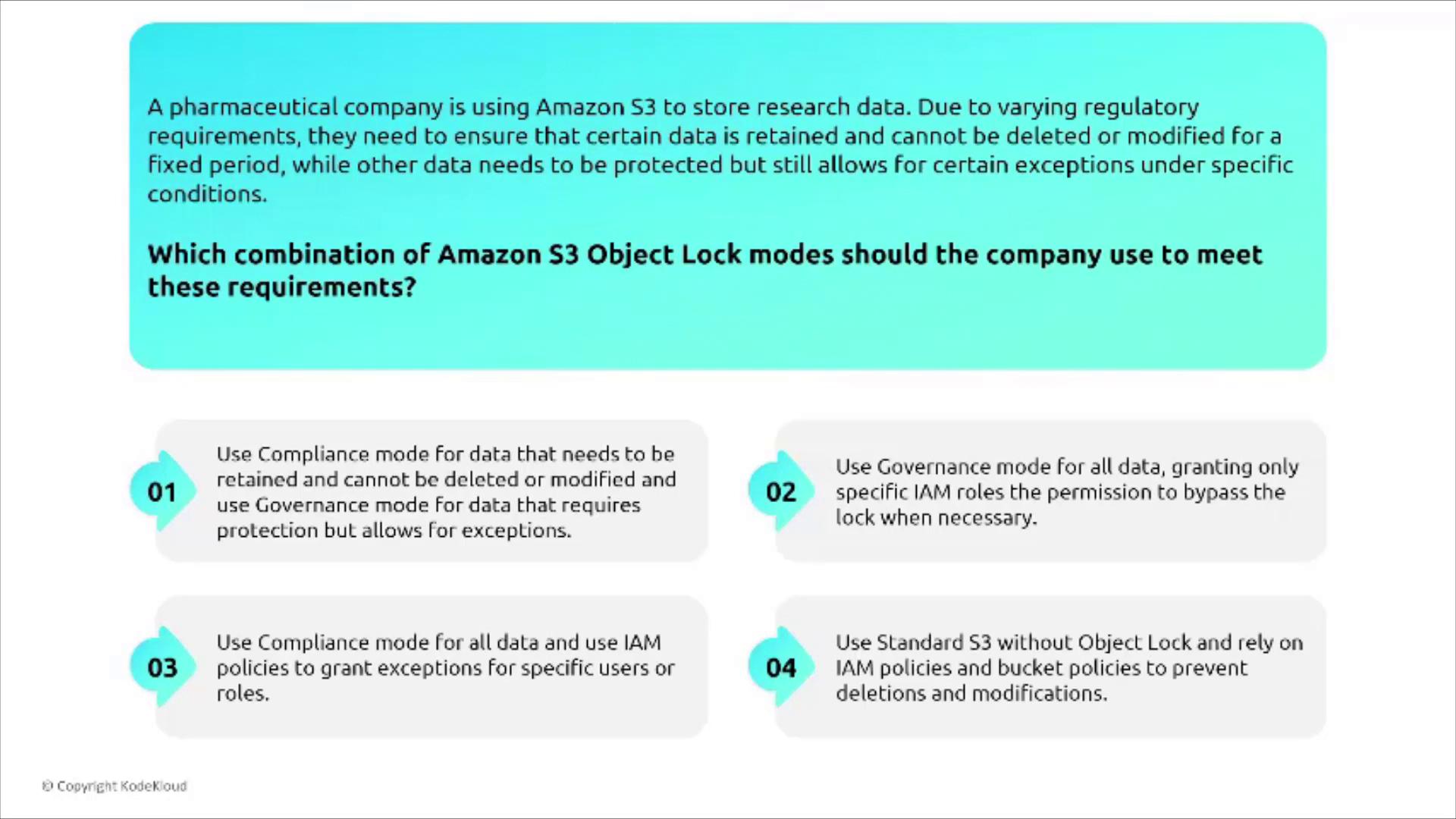 The image presents a scenario where a pharmaceutical company needs to choose Amazon S3 Object Lock modes to meet regulatory requirements, with four options provided for consideration.