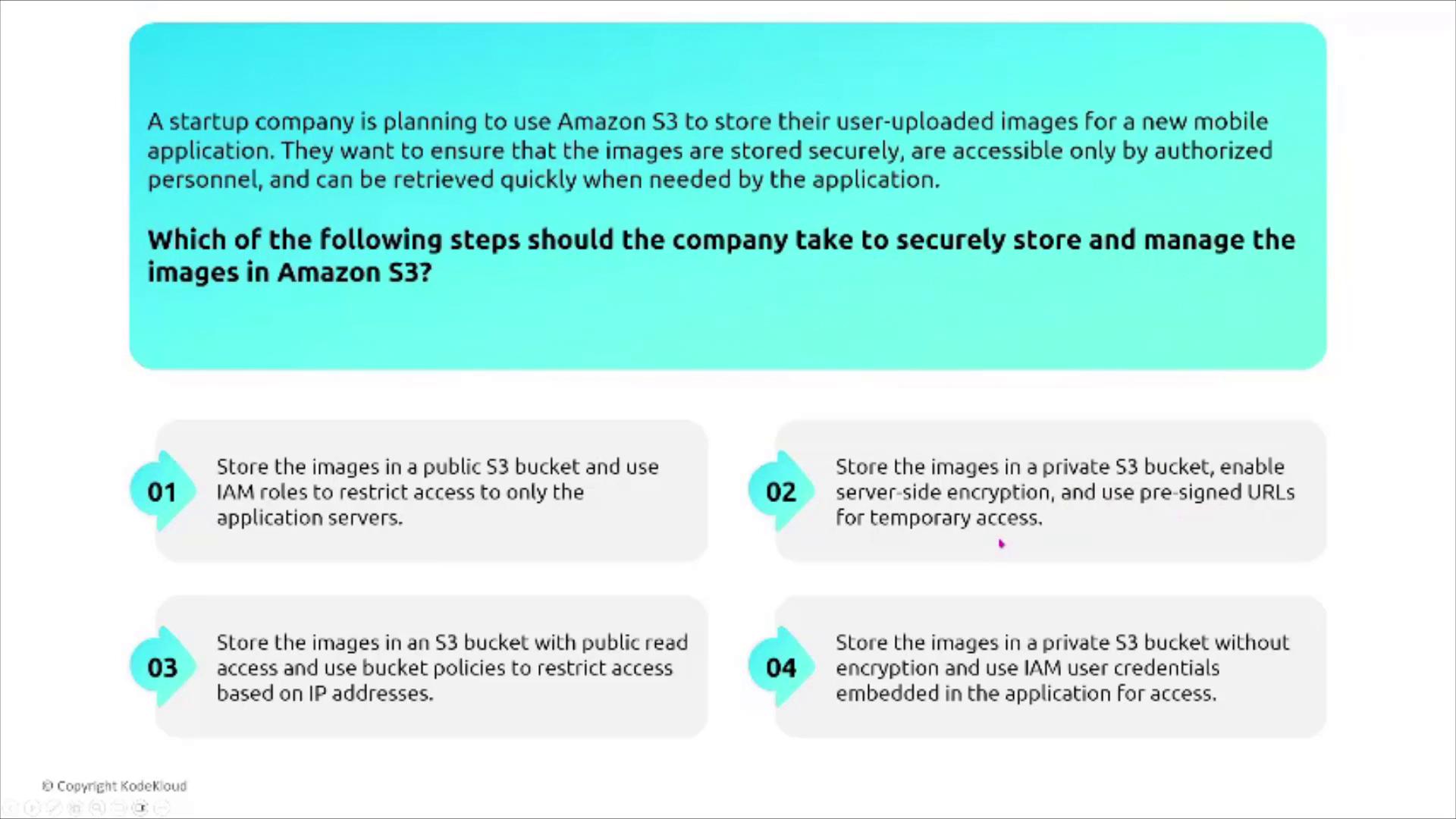 The image presents a scenario where a startup plans to use Amazon S3 for storing user-uploaded images securely, with four options for managing access and security. The options include using IAM roles, server-side encryption, pre-signed URLs, and bucket policies.