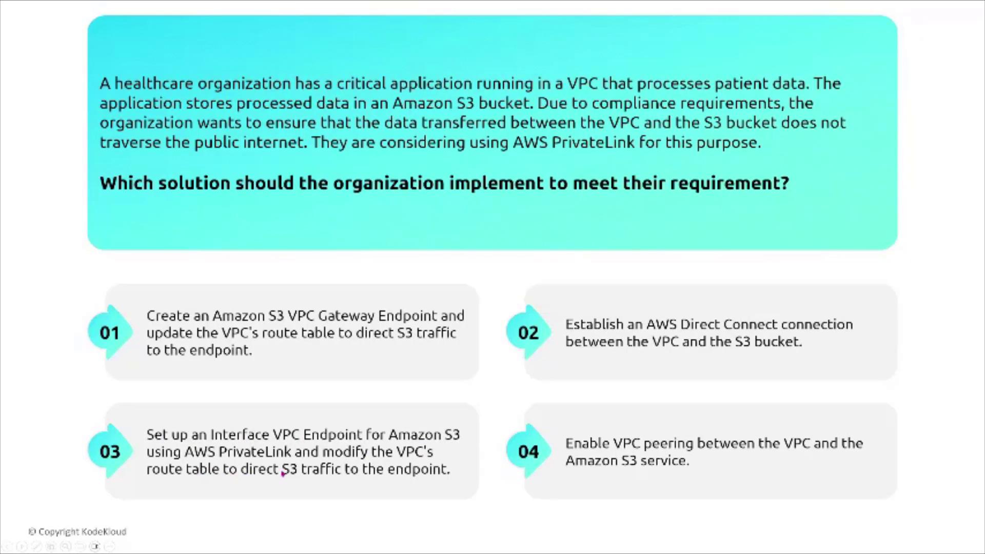 The image presents a scenario where a healthcare organization needs to ensure secure data transfer between a VPC and an Amazon S3 bucket without using the public internet, offering four potential solutions.