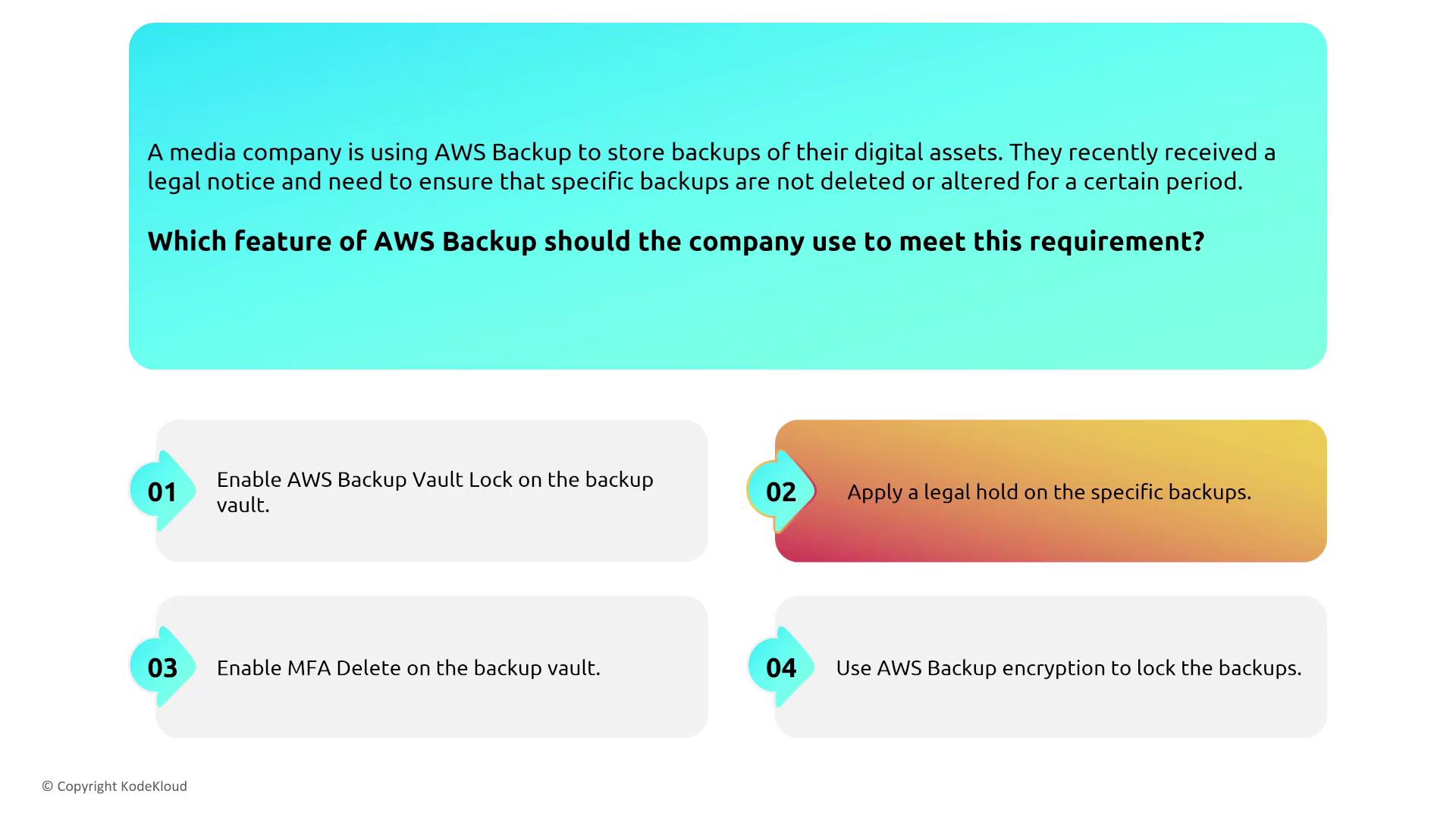 The image presents a scenario where a media company needs to ensure backups are not deleted or altered, with four AWS Backup feature options to meet this requirement.
