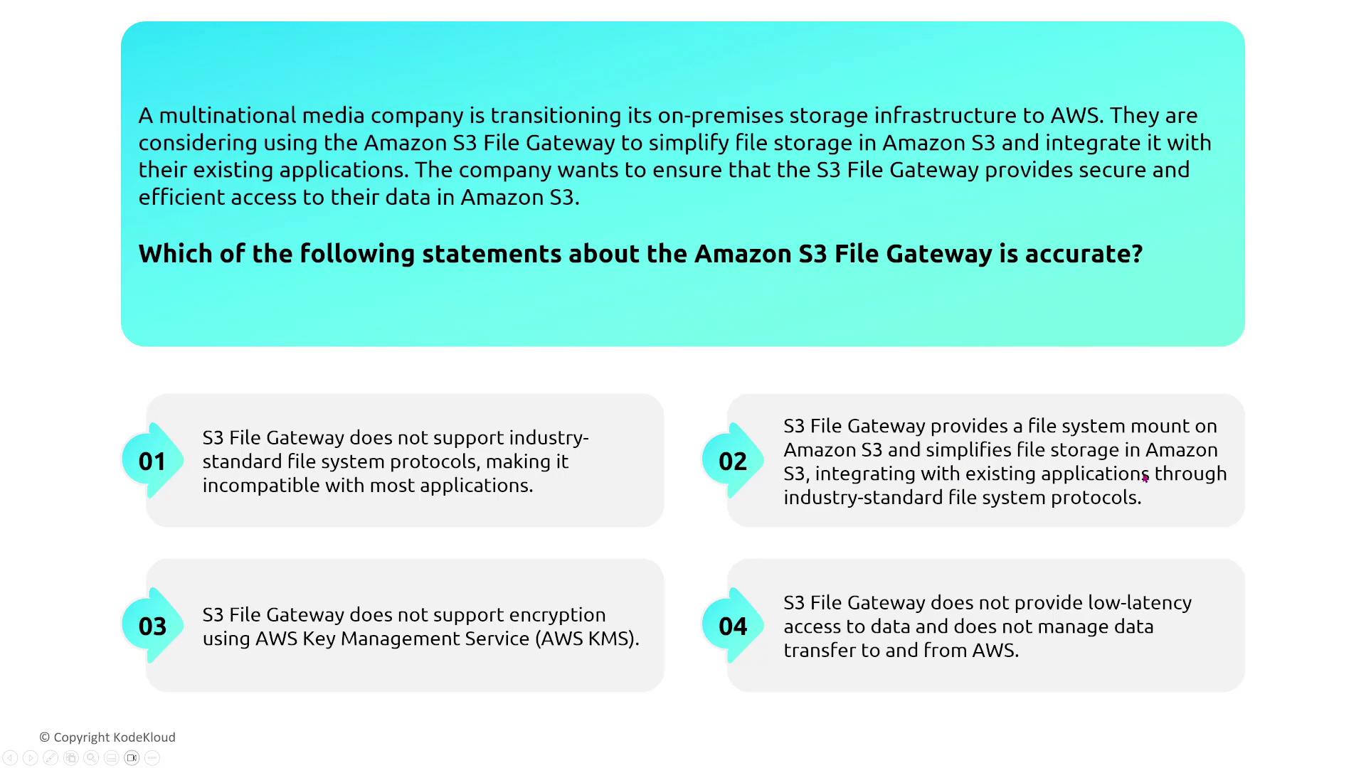 The image presents a scenario where a media company is transitioning to AWS using Amazon S3 File Gateway, with four statements about its features, asking which one is accurate.