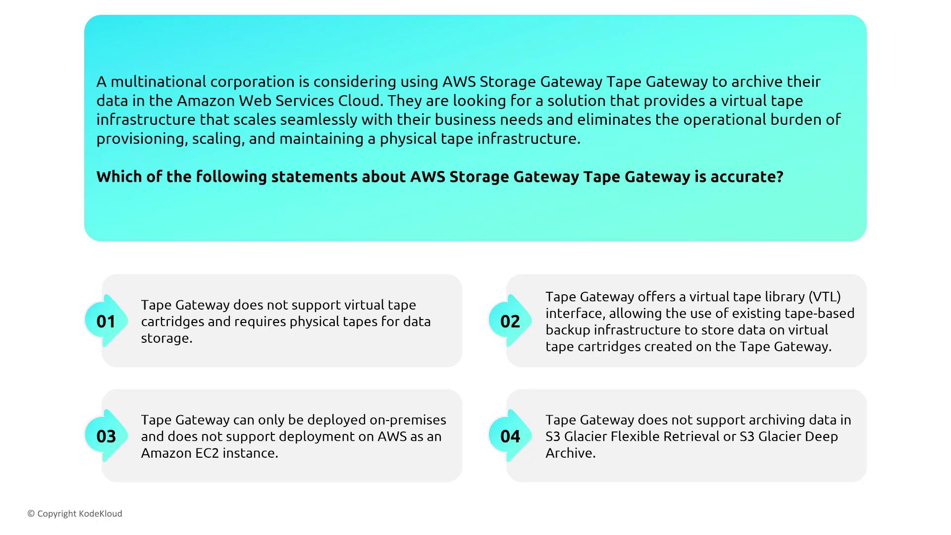 The image presents a scenario about a corporation considering AWS Storage Gateway Tape Gateway for data archiving, followed by four statements about its features, asking which one is accurate.