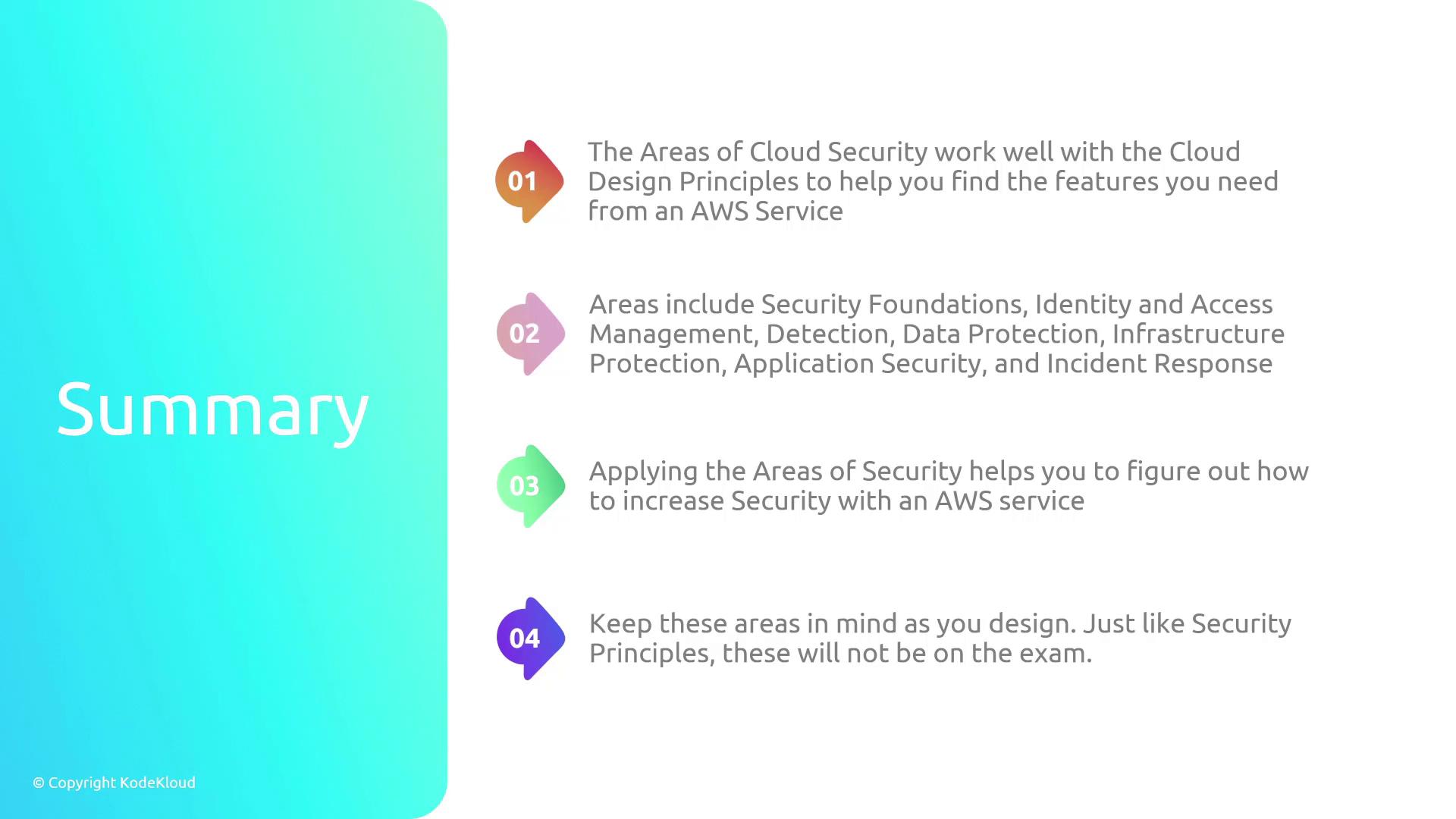 The image is a summary slide outlining key areas of cloud security, including security foundations, identity and access management, and incident response, in relation to AWS services. It emphasizes the importance of applying these areas to enhance security and notes that these principles won't be on the exam.