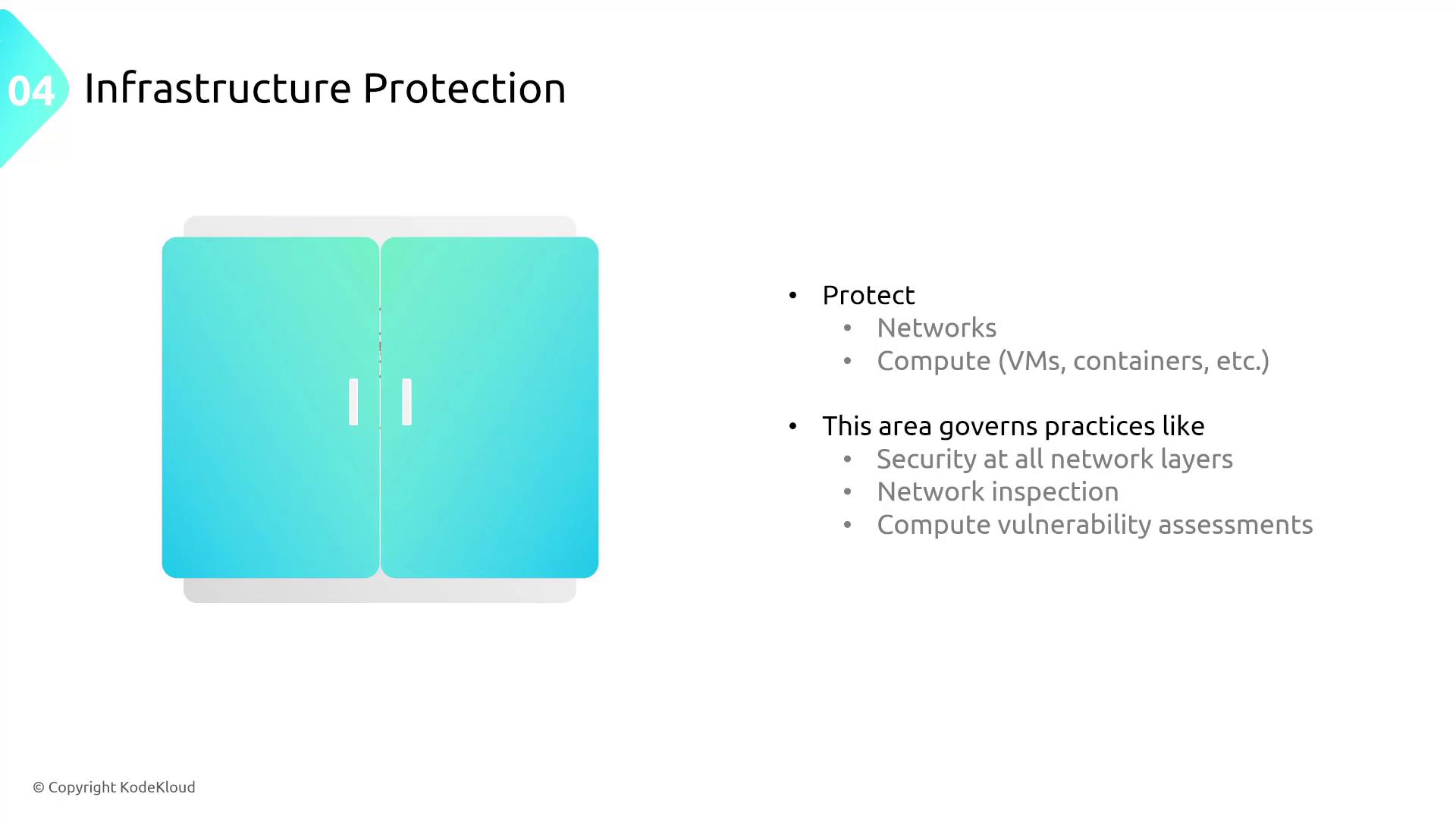 The image is a slide titled "Infrastructure Protection," highlighting the protection of networks and compute resources, and practices like security at network layers, network inspection, and vulnerability assessments.