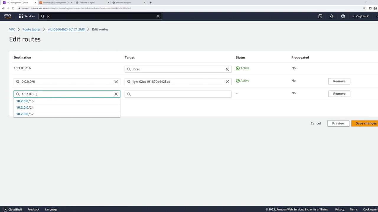 The image shows the AWS Management Console with a focus on editing route tables. It displays routes with destinations, targets, and their statuses, allowing for modifications and saving changes.