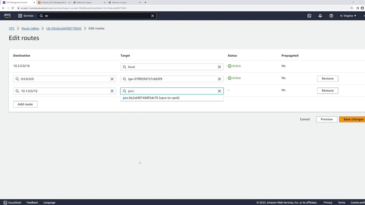 The image shows the AWS Management Console with a VPC route table being edited. It displays routes with destinations, targets, and their statuses, with options to add or remove routes.