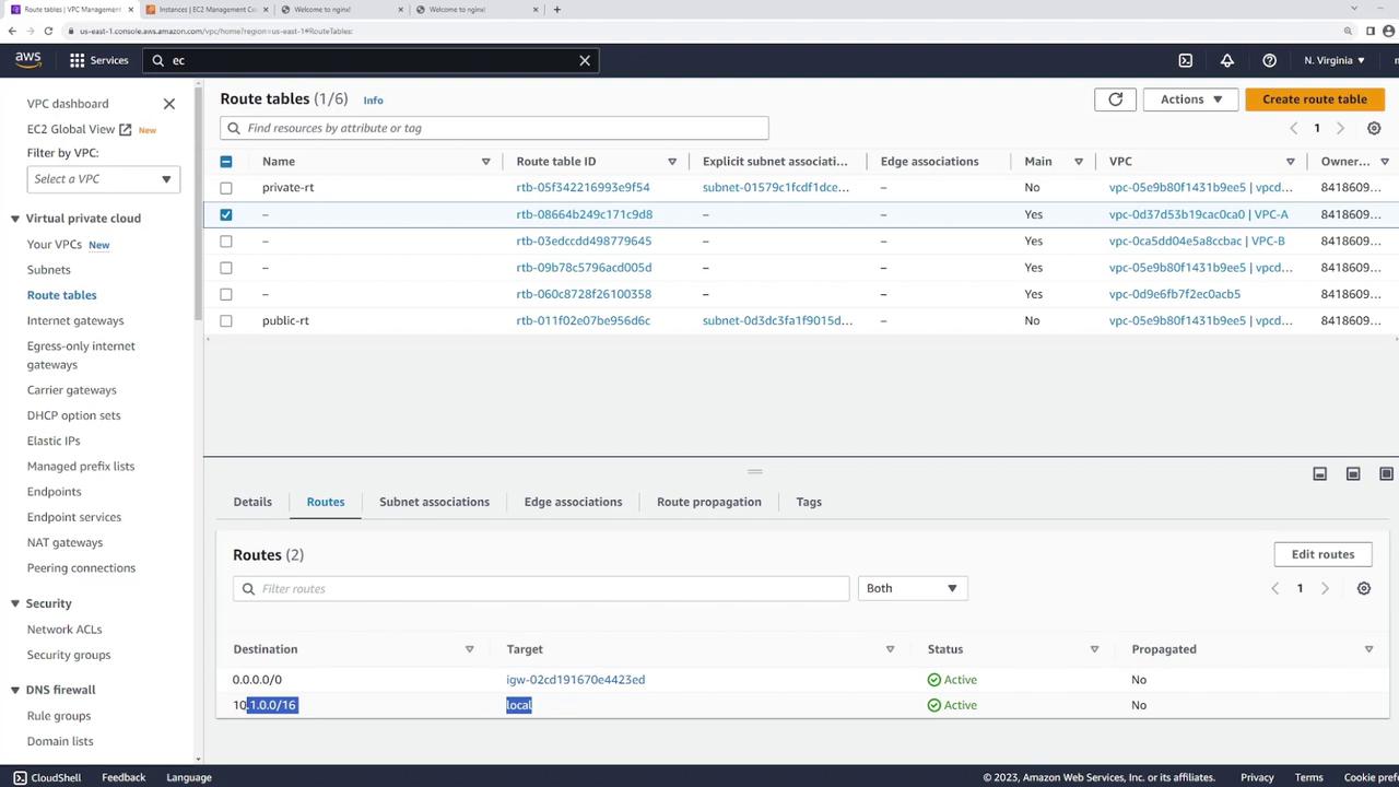 The image shows an AWS Management Console screen displaying route tables for a Virtual Private Cloud (VPC). It lists various route tables with details such as route table ID, associations, and routes.
