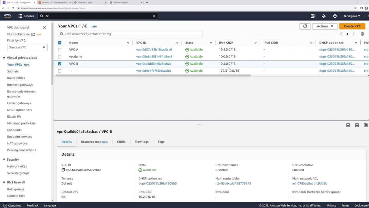 The image shows an AWS VPC (Virtual Private Cloud) management console with a list of VPCs, their IDs, states, and CIDR blocks. The details of a selected VPC are displayed at the bottom.