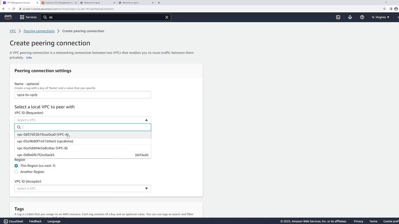 The image shows the AWS VPC Management Console, specifically the "Create peering connection" page, where a user is selecting a local VPC to peer with another VPC.
