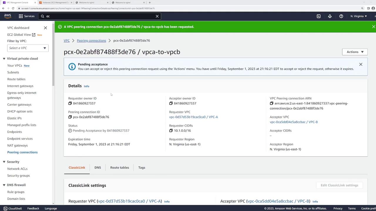 The image shows an AWS VPC Management Console screen with details of a VPC peering connection request, which is pending acceptance. It includes information such as requester and accepter VPCs, owner IDs, and expiration time.